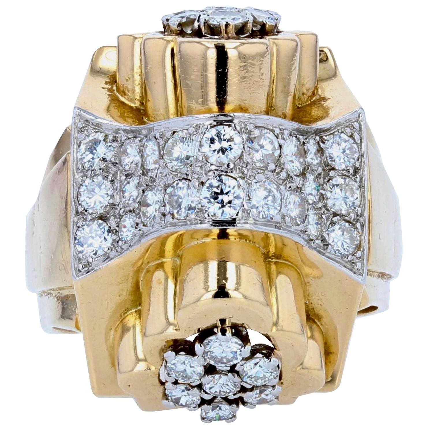 French 1940s Diamonds 18 Karat Yellow Gold Knot Tank Ring