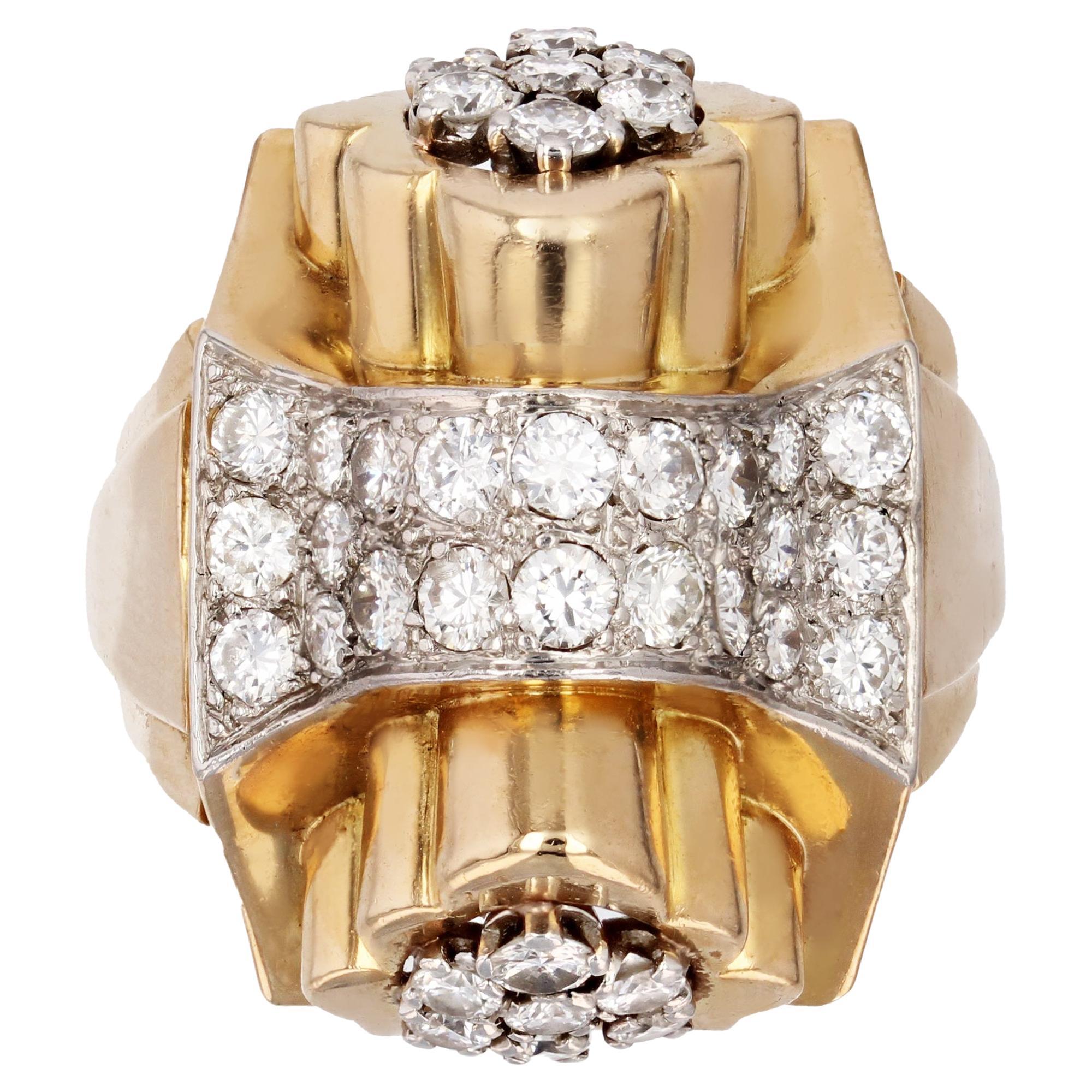 Bague dbardeur franaise en or jaune 18 carats avec diamants, annes 1940 en vente