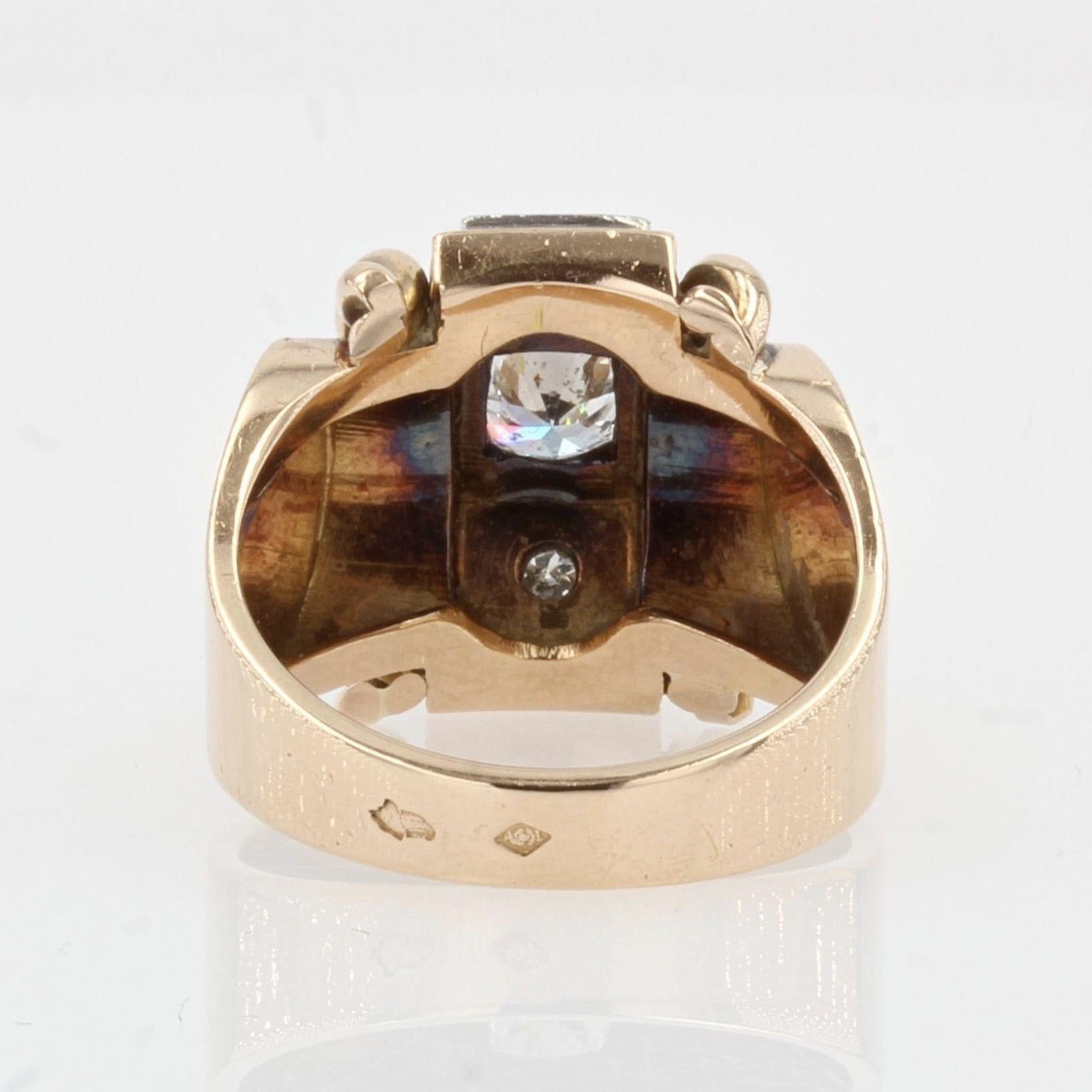 French 1940s Diamonds 18 Karat Yellow Gold Platinum Signet Tank Ring For Sale 2