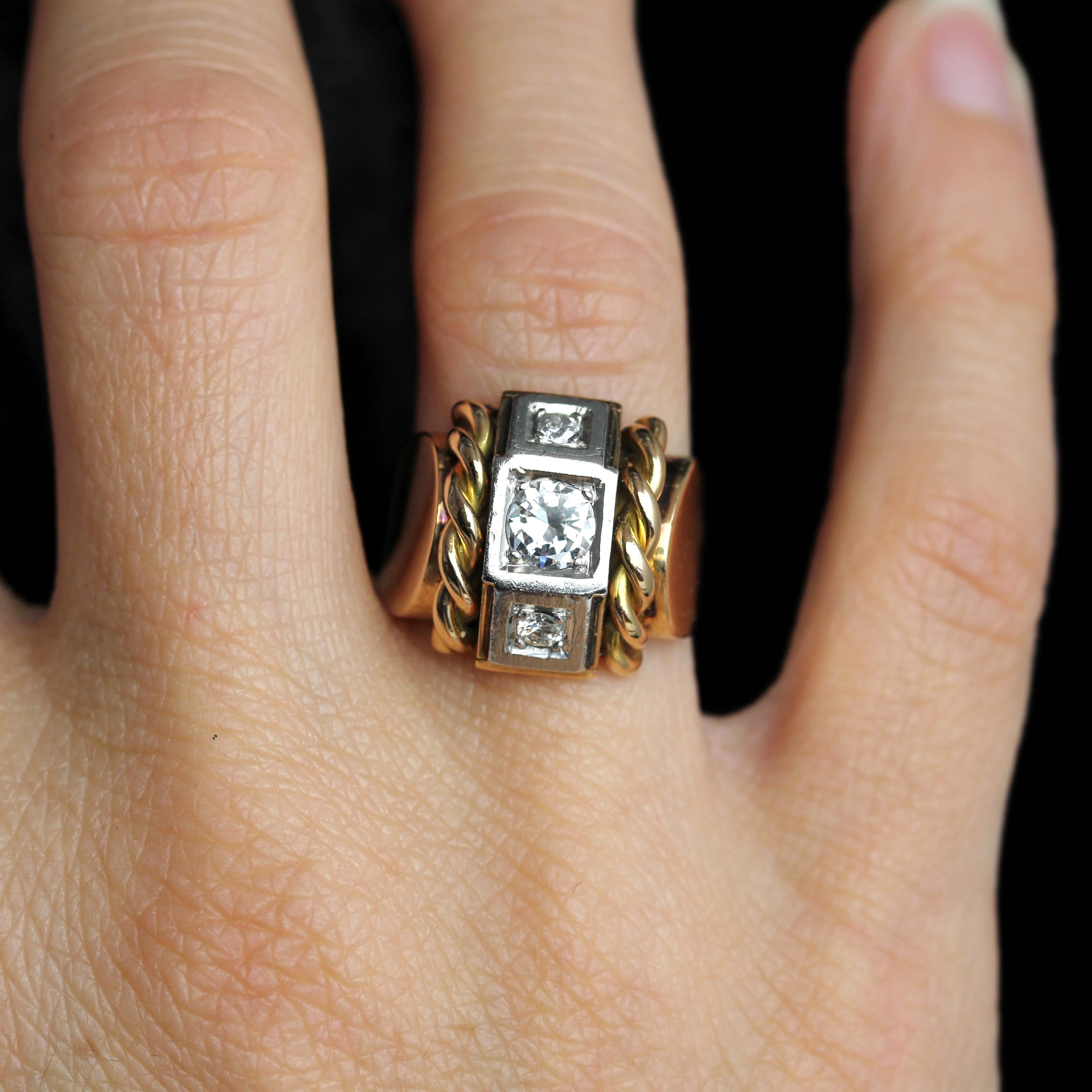 Bague dbardeur franaise des annes 1940 en or jaune 18 carats et platine avec diamants Pour femmes en vente