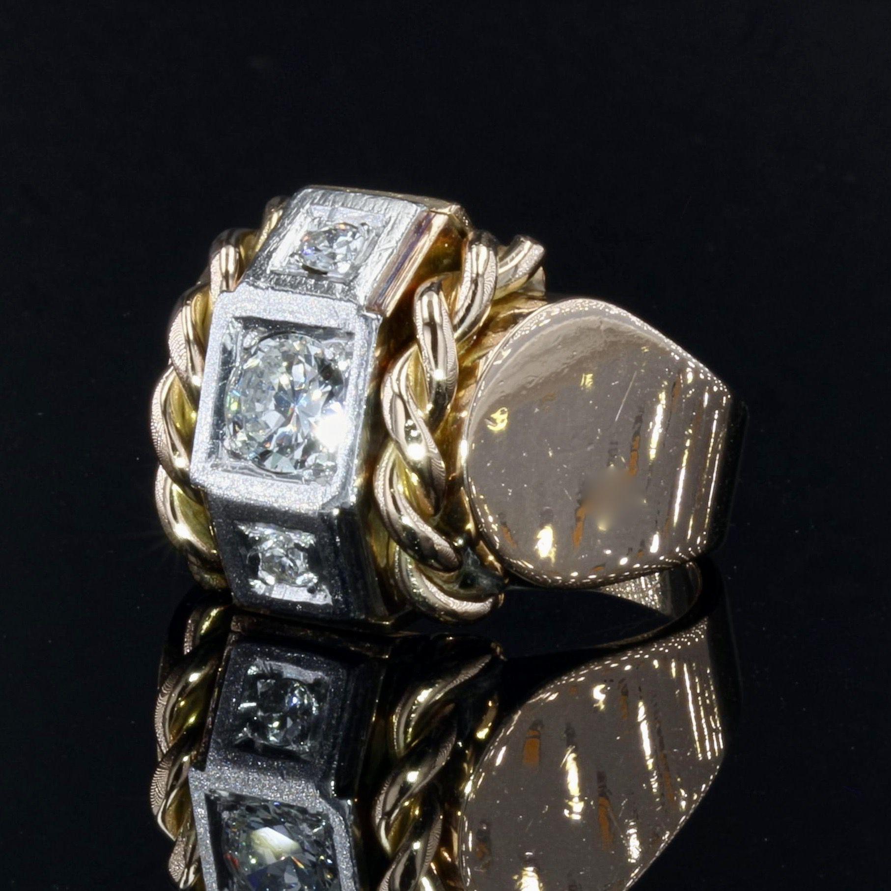 18 Karat Gelbgold Platin Siegel-Tankring mit Diamanten aus den 1940er Jahren (Brillantschliff) im Angebot