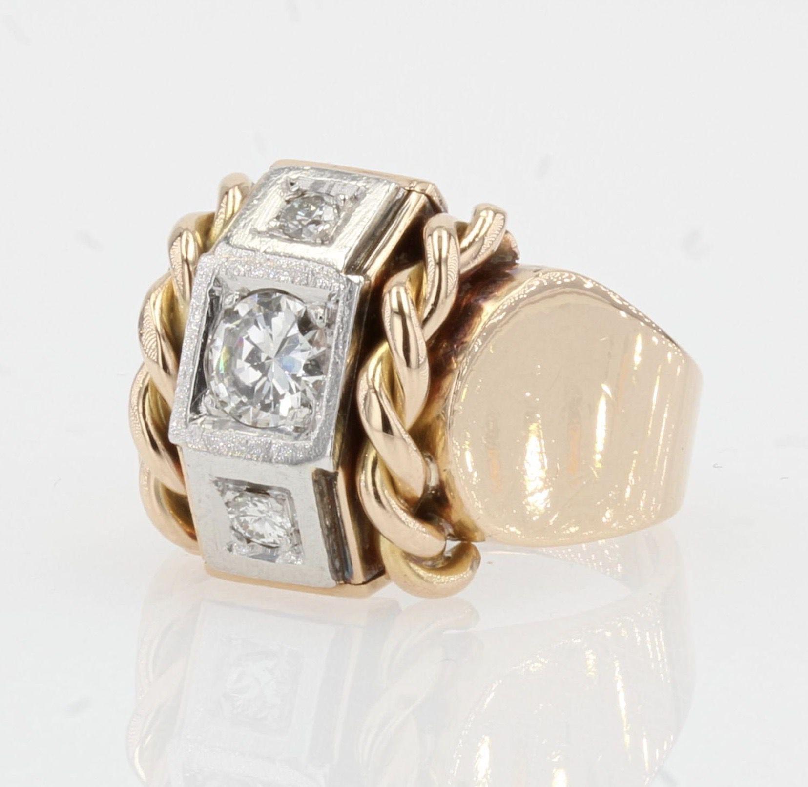 Retro French 1940s Diamonds 18 Karat Yellow Gold Platinum Signet Tank Ring For Sale