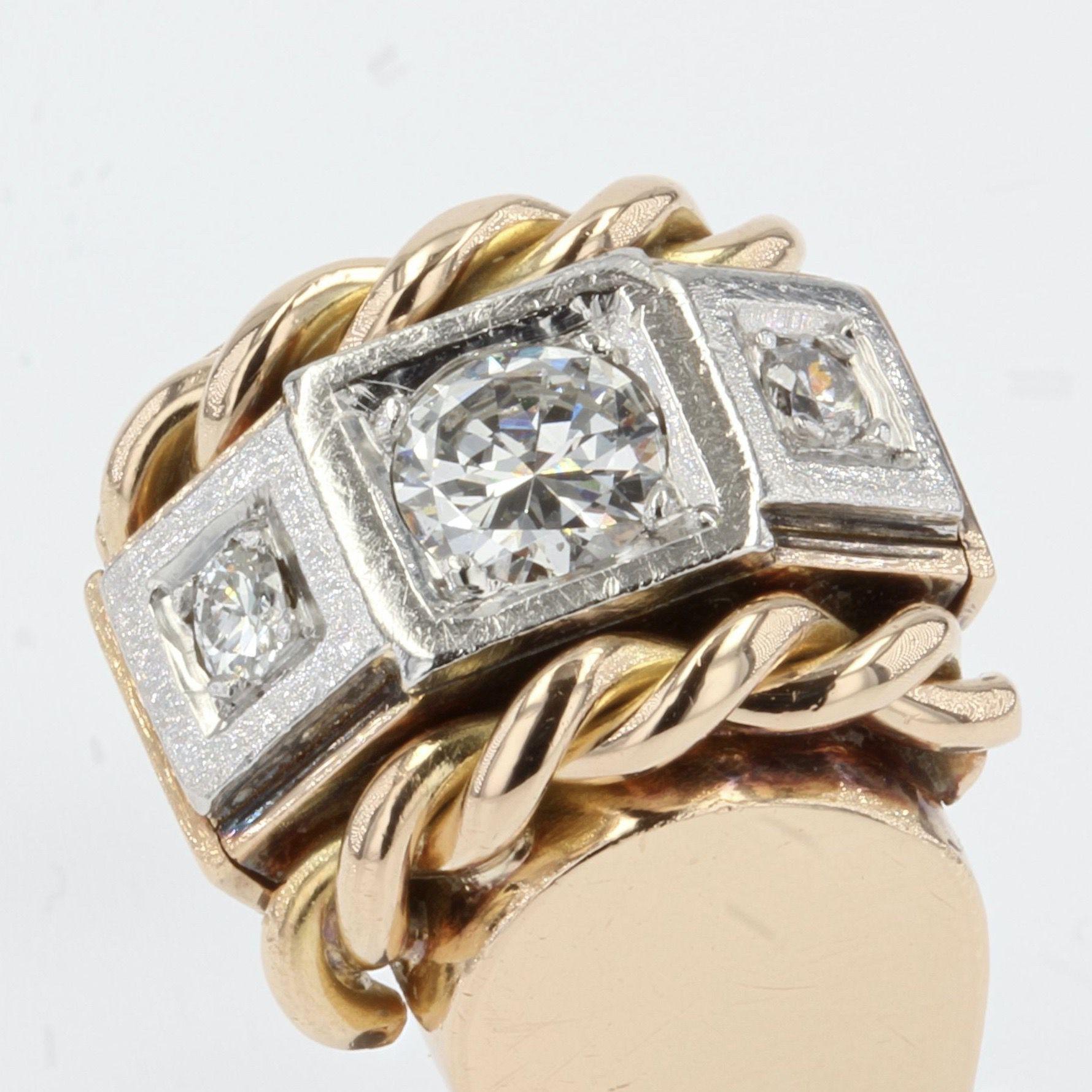 Brilliant Cut French 1940s Diamonds 18 Karat Yellow Gold Platinum Signet Tank Ring For Sale