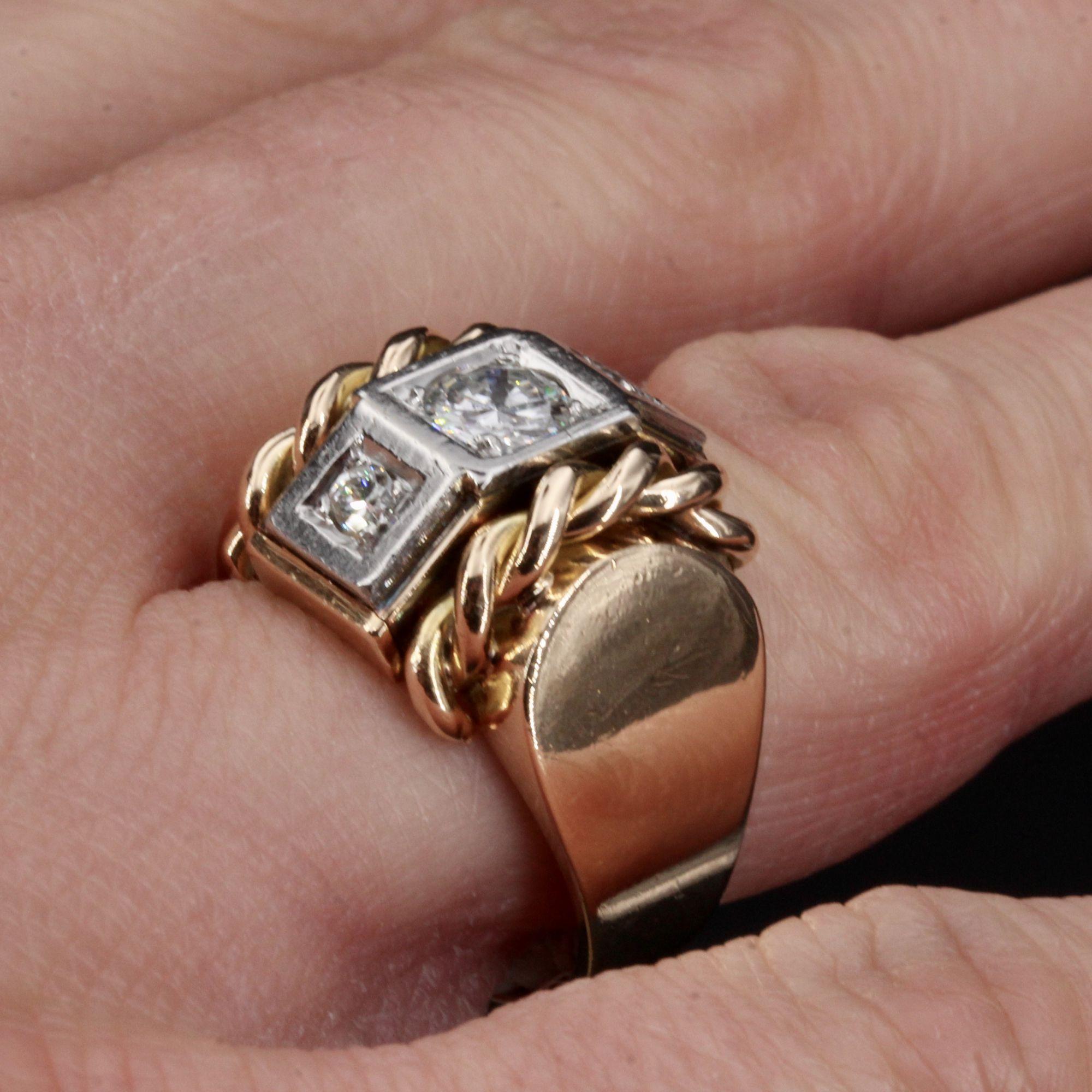 Women's French 1940s Diamonds 18 Karat Yellow Gold Platinum Signet Tank Ring For Sale