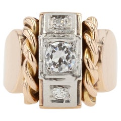 French 1940s Diamonds 18 Karat Yellow Gold Platinum Signet Tank Ring