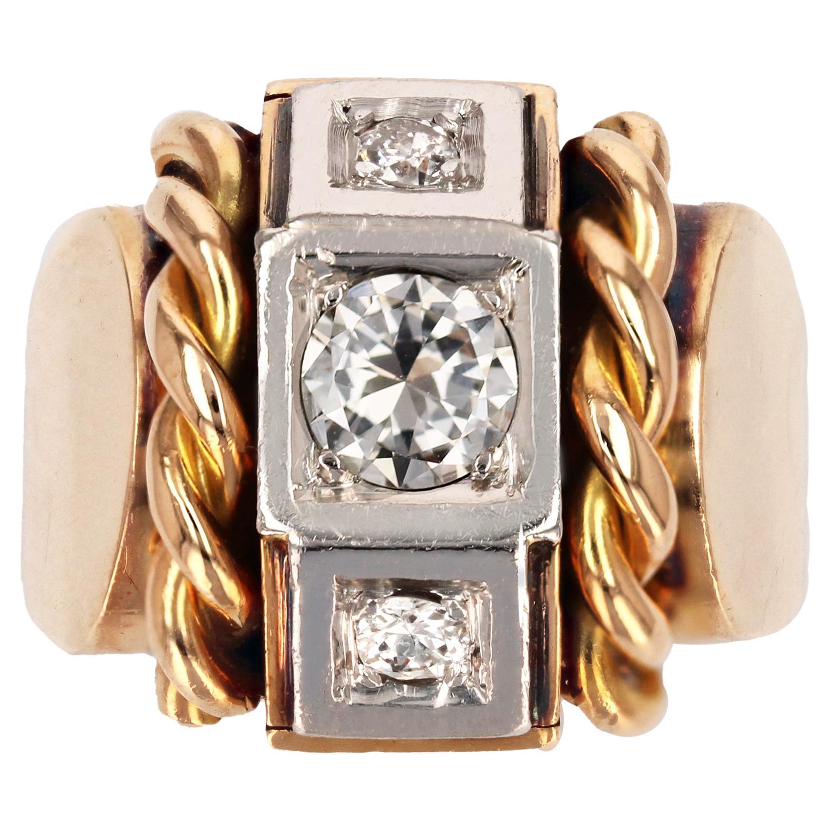French 1940s Diamonds 18 Karat Yellow Gold Platinum Signet Tank Ring For Sale
