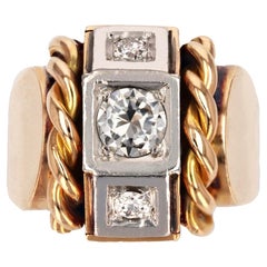 Vintage French 1940s Diamonds 18 Karat Yellow Gold Platinum Signet Tank Ring