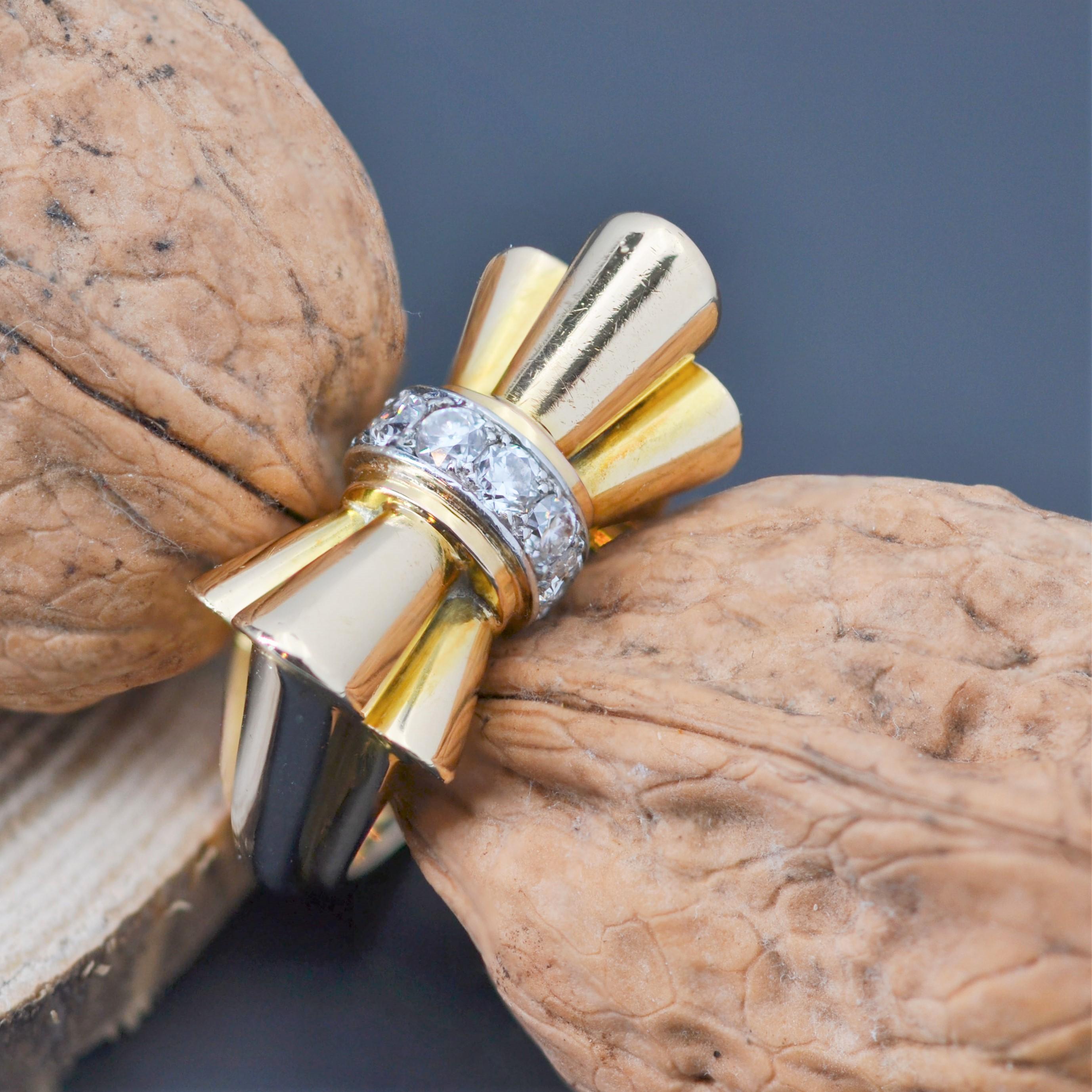 18 Karat Gelbgold Platin Tank-Knotenring mit Diamanten aus den 1940er Jahren 4