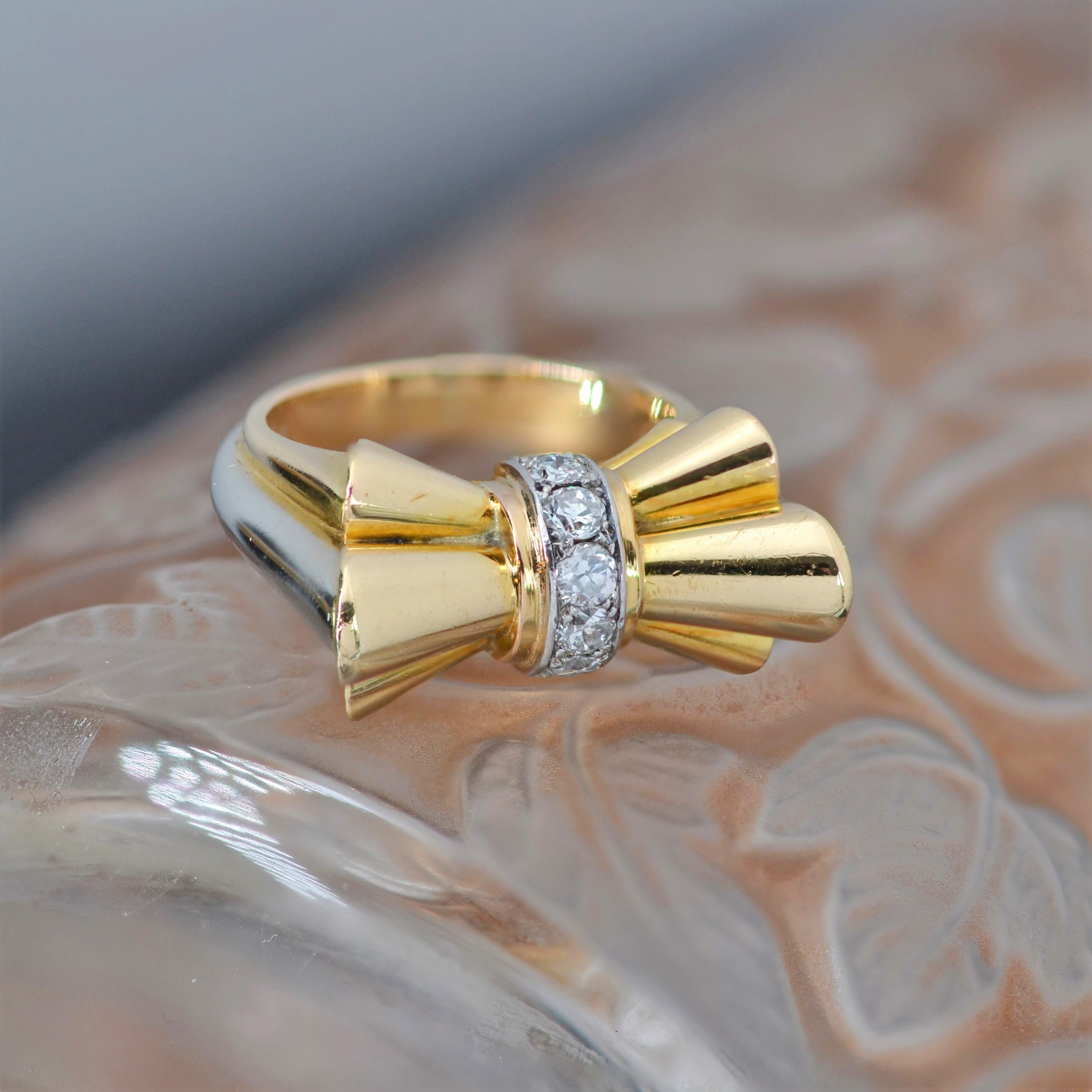 18 Karat Gelbgold Platin Tank-Knotenring mit Diamanten aus den 1940er Jahren (Retro)