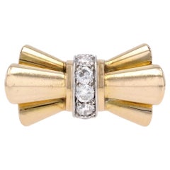 French 1940s Diamonds 18 Karat Yellow Gold Platinum Tank Knot Ring
