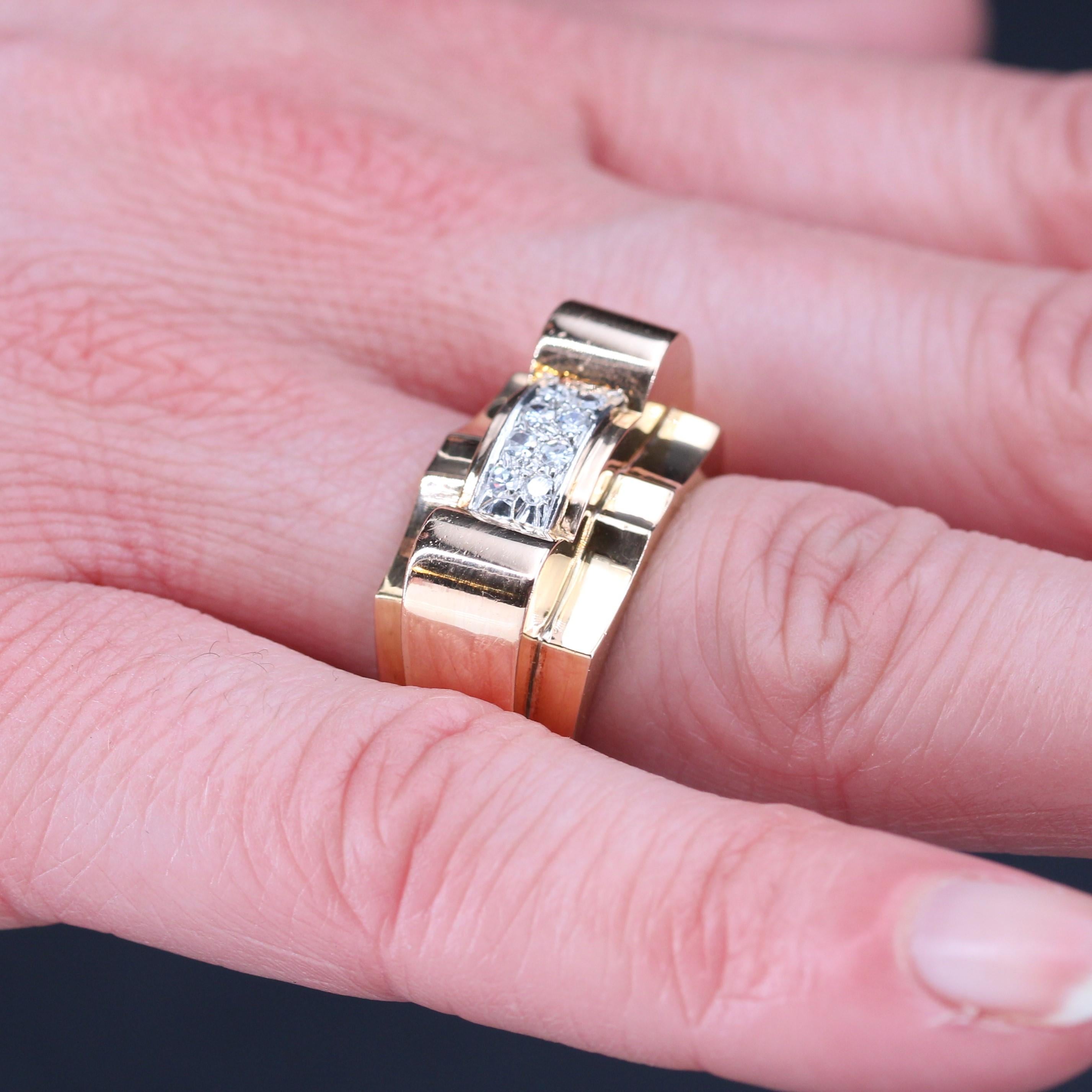 Französischer Tank-Ring aus 18 Karat Gelbgold und Platin mit Diamanten, 1940er Jahre 4