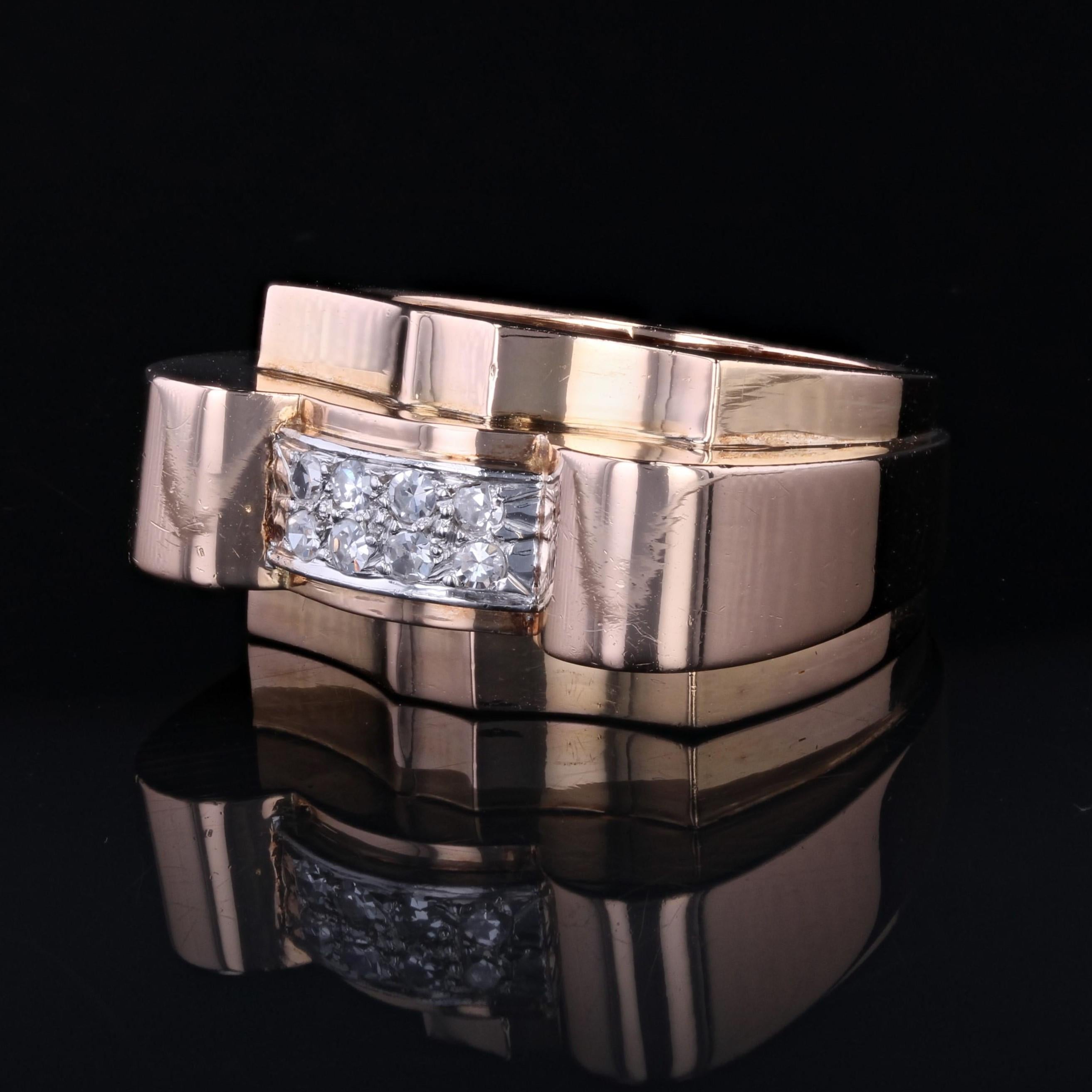 Französischer Tank-Ring aus 18 Karat Gelbgold und Platin mit Diamanten, 1940er Jahre im Zustand „Gut“ in Poitiers, FR