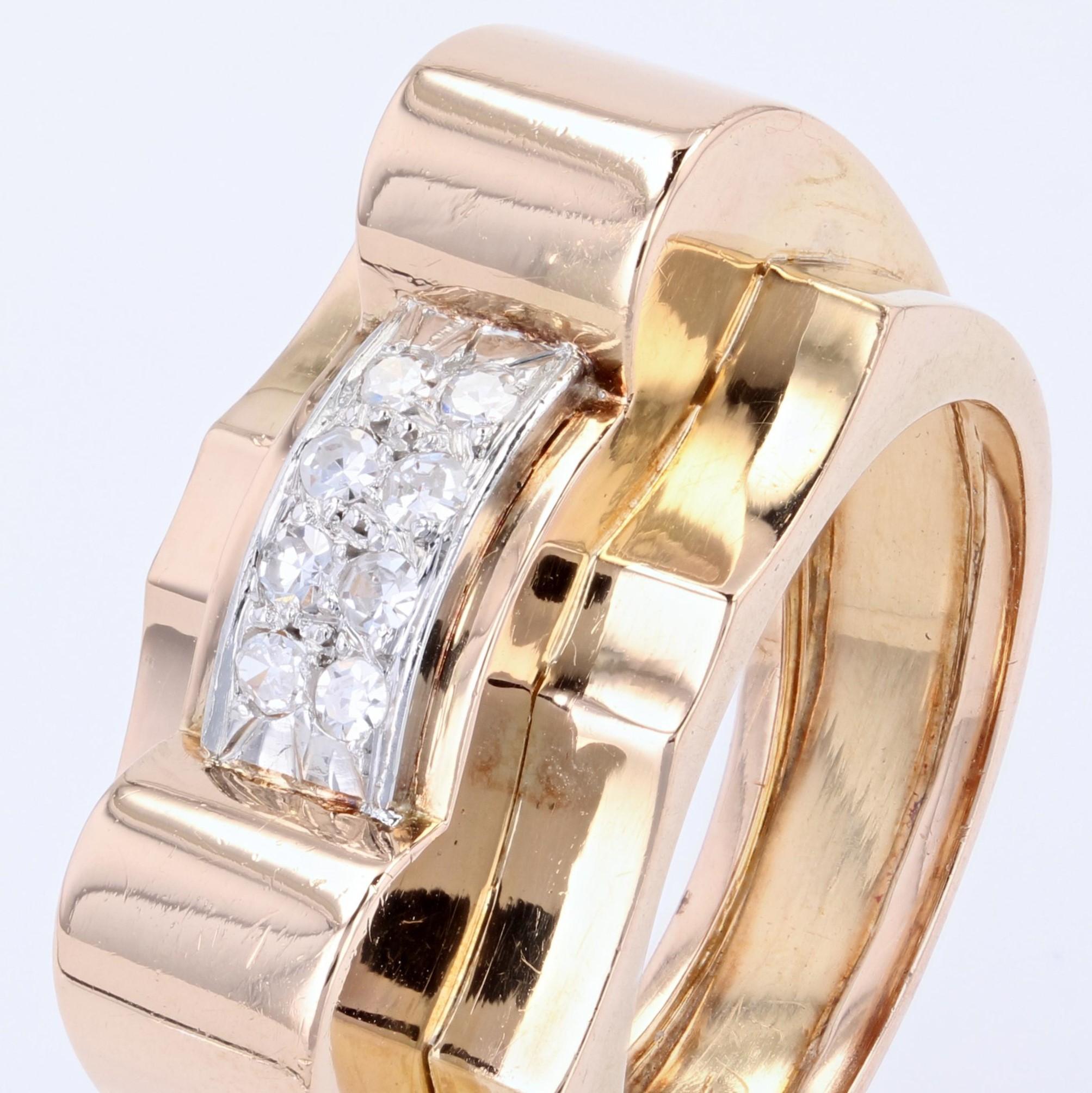 Französischer Tank-Ring aus 18 Karat Gelbgold und Platin mit Diamanten, 1940er Jahre 2