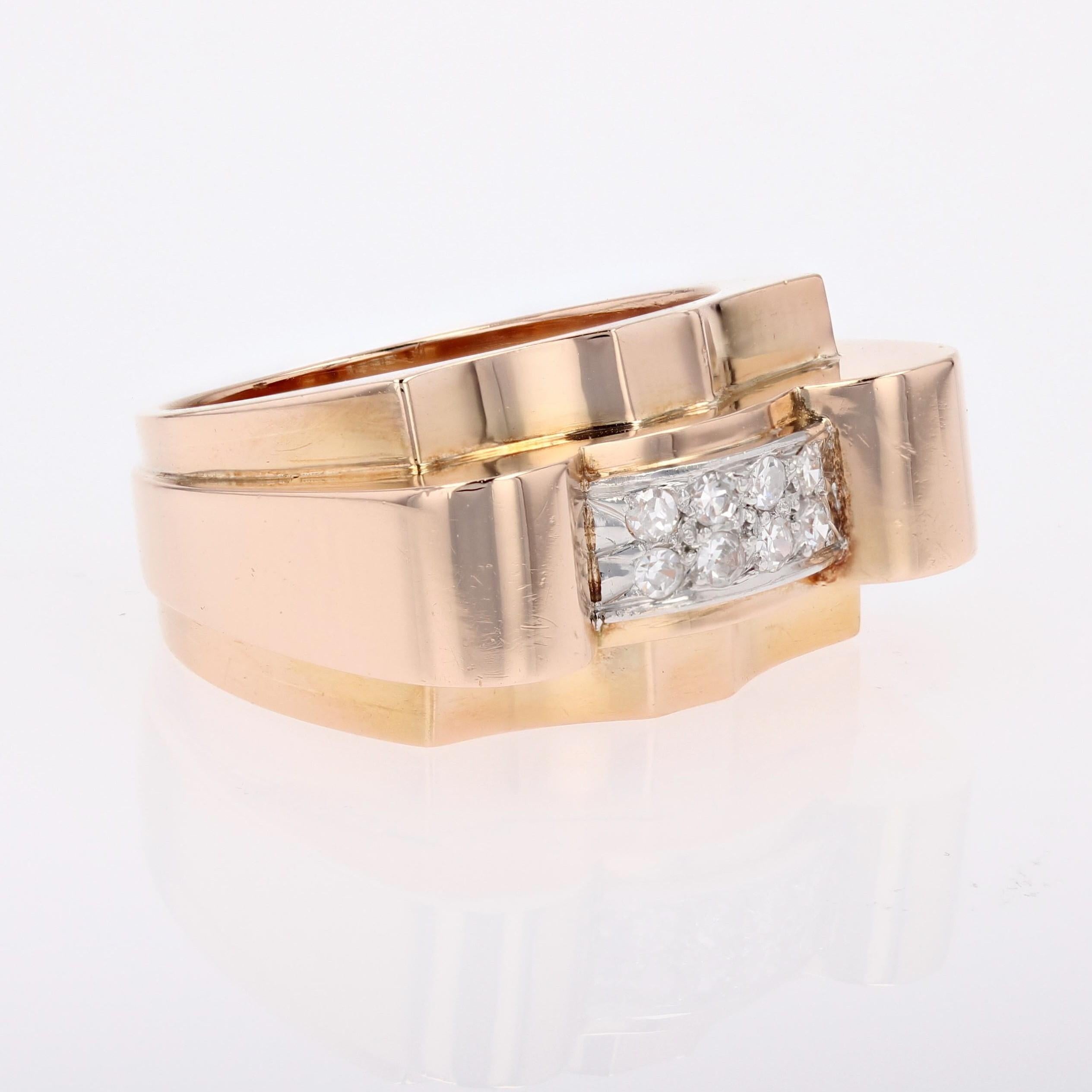 Französischer Tank-Ring aus 18 Karat Gelbgold und Platin mit Diamanten, 1940er Jahre 3