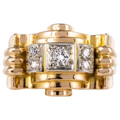 French 1940s Diamonds 18 Karat Yellow Gold Platinum Tank Ring