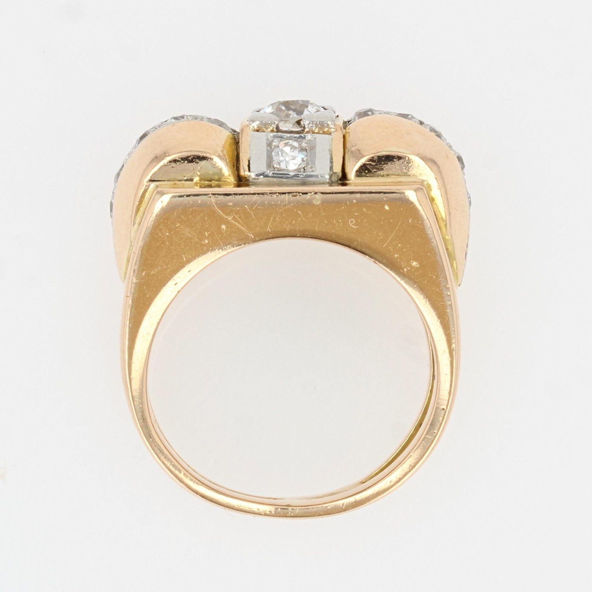 French 1940s Diamonds 18 Karat Yellow Gold Tank Ring For Sale 4