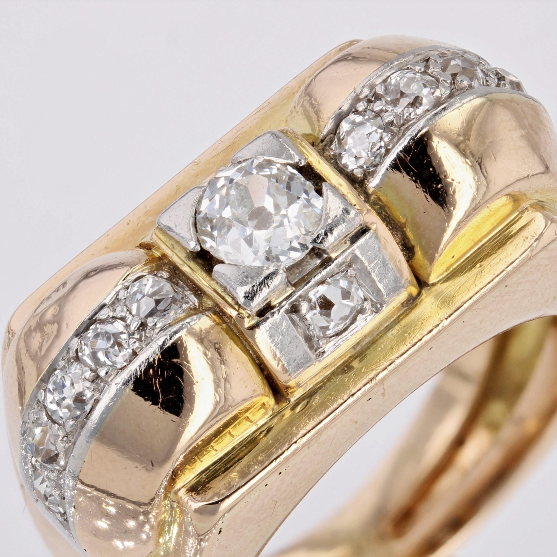 French 1940s Diamonds 18 Karat Yellow Gold Tank Ring In Good Condition For Sale In Poitiers, FR