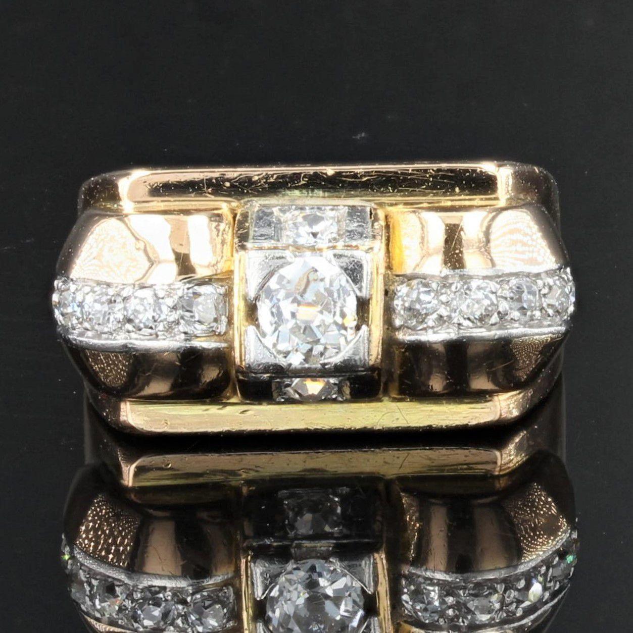 Retro French 1940s Diamonds 18 Karat Yellow Gold Tank Ring For Sale