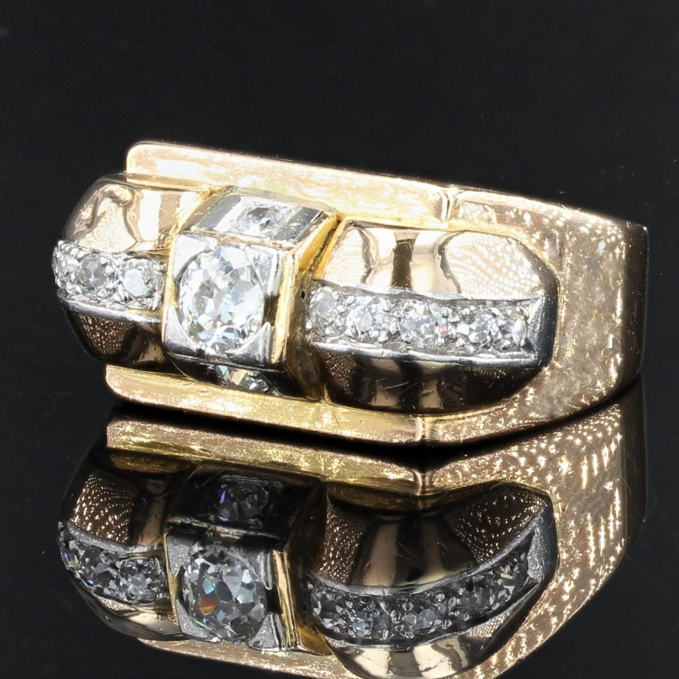 Brilliant Cut French 1940s Diamonds 18 Karat Yellow Gold Tank Ring For Sale