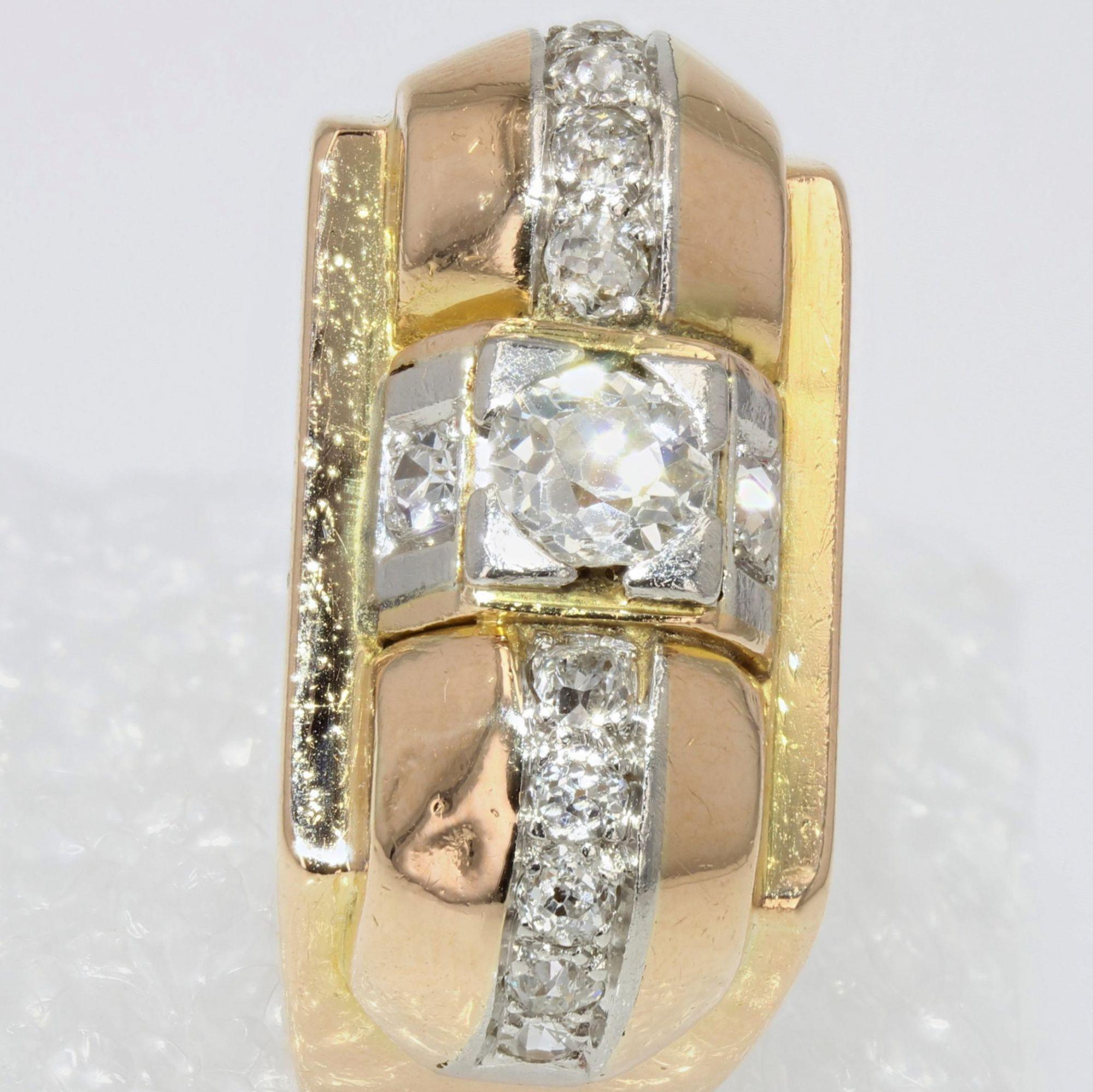 Women's French 1940s Diamonds 18 Karat Yellow Gold Tank Ring For Sale