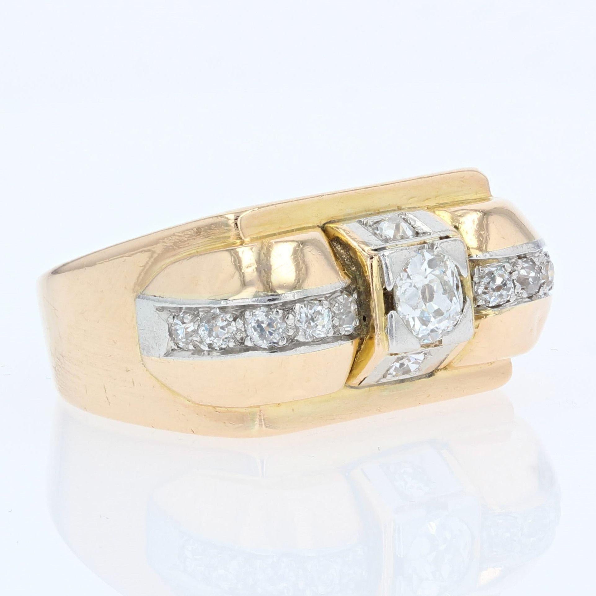French 1940s Diamonds 18 Karat Yellow Gold Tank Ring For Sale 1