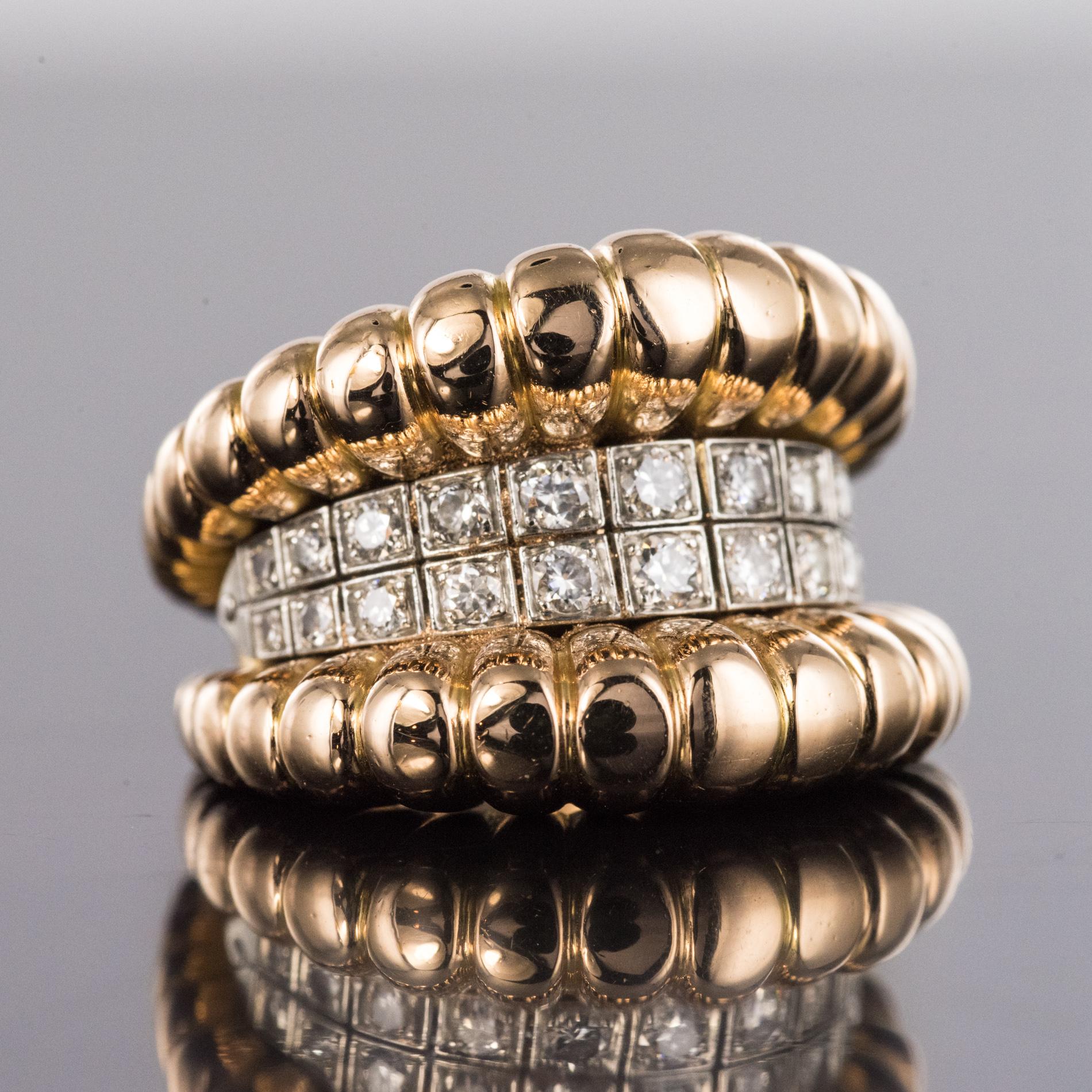 French 1940s Diamonds Band 18 Karat Yellow Gold Platinum Gadroons Ring 4