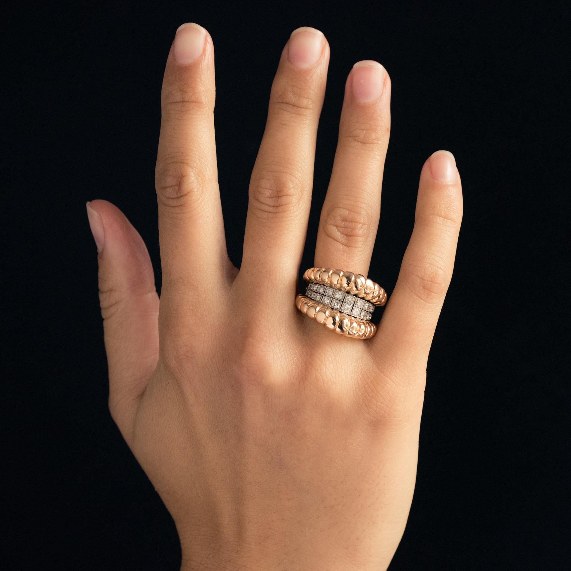 French 1940s Diamonds Band 18 Karat Yellow Gold Platinum Gadroons Ring 7
