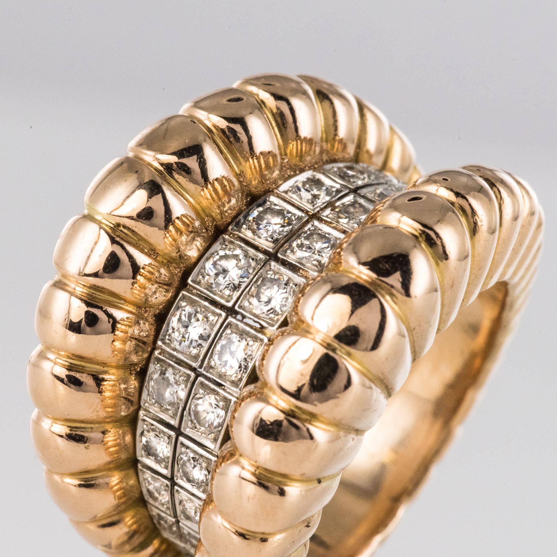 French 1940s Diamonds Band 18 Karat Yellow Gold Platinum Gadroons Ring 8