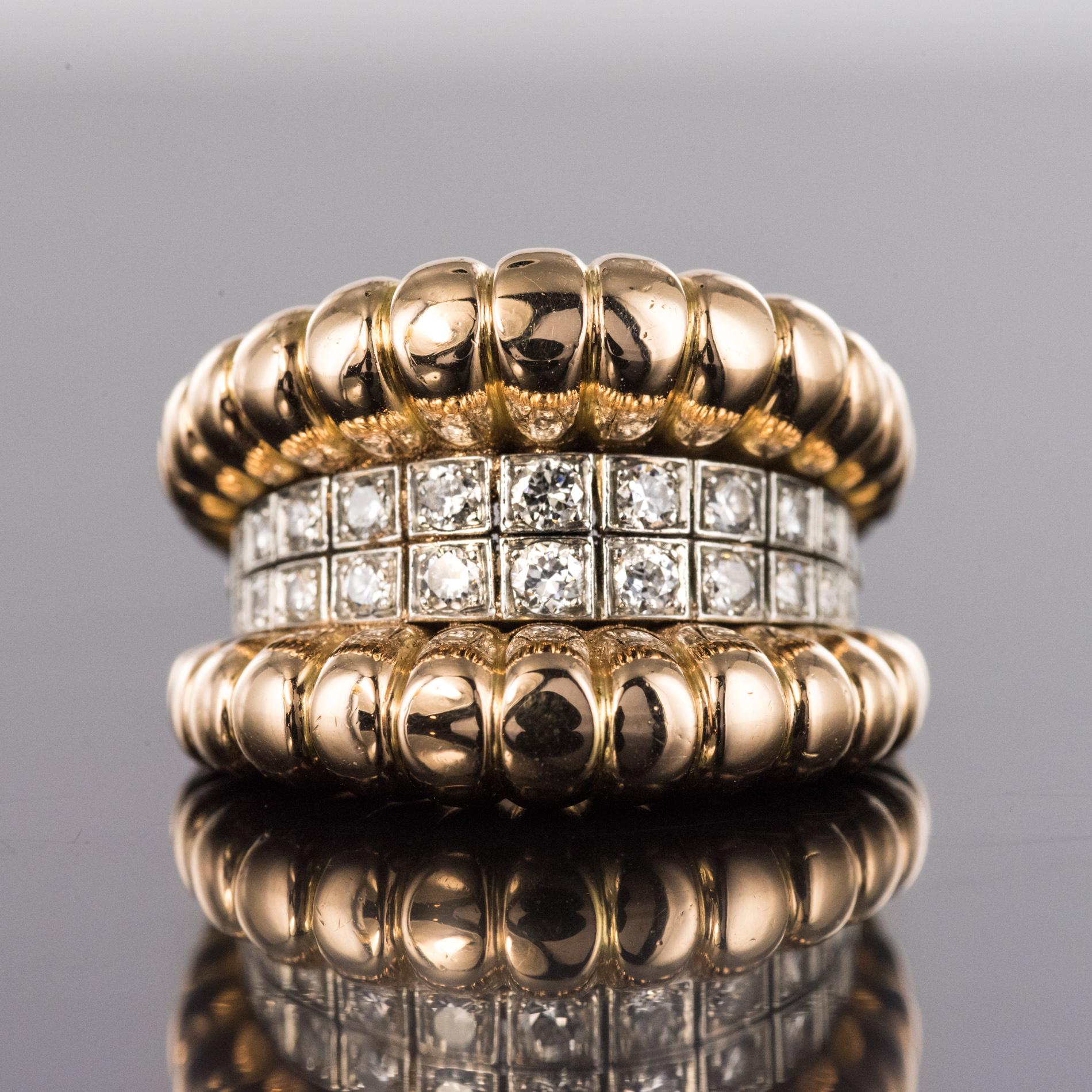 French 1940s Diamonds Band 18 Karat Yellow Gold Platinum Gadroons Ring 9
