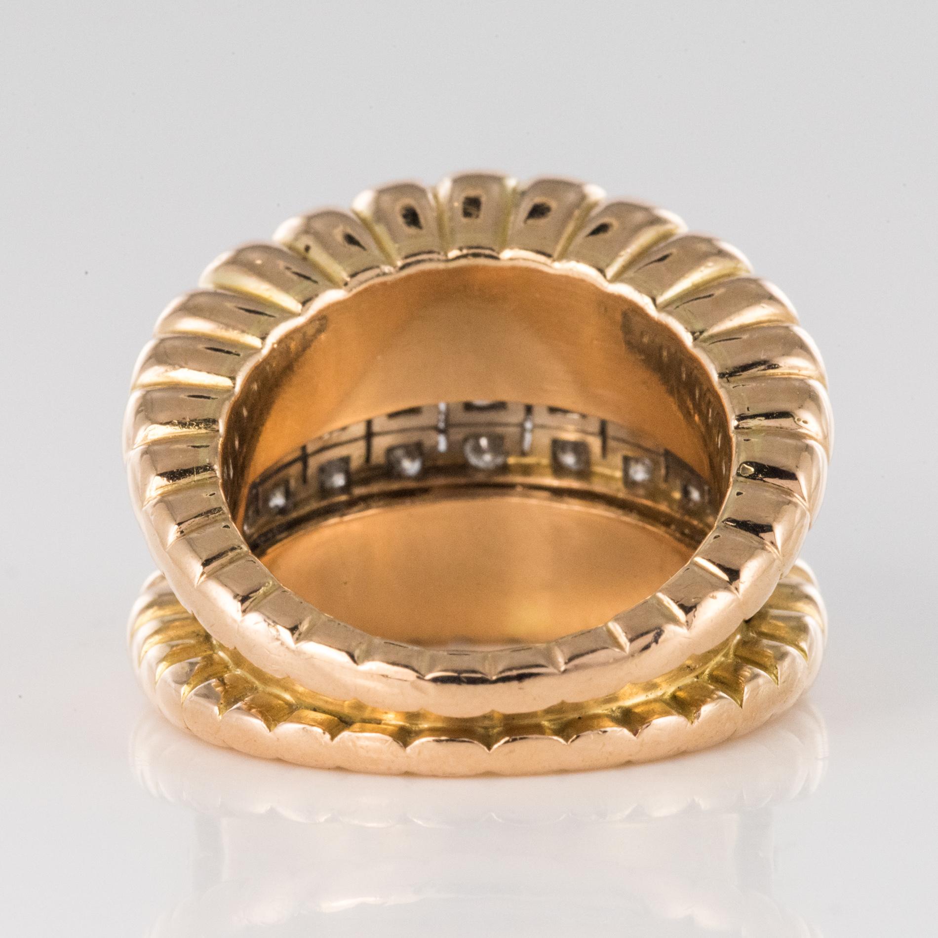 French 1940s Diamonds Band 18 Karat Yellow Gold Platinum Gadroons Ring 10