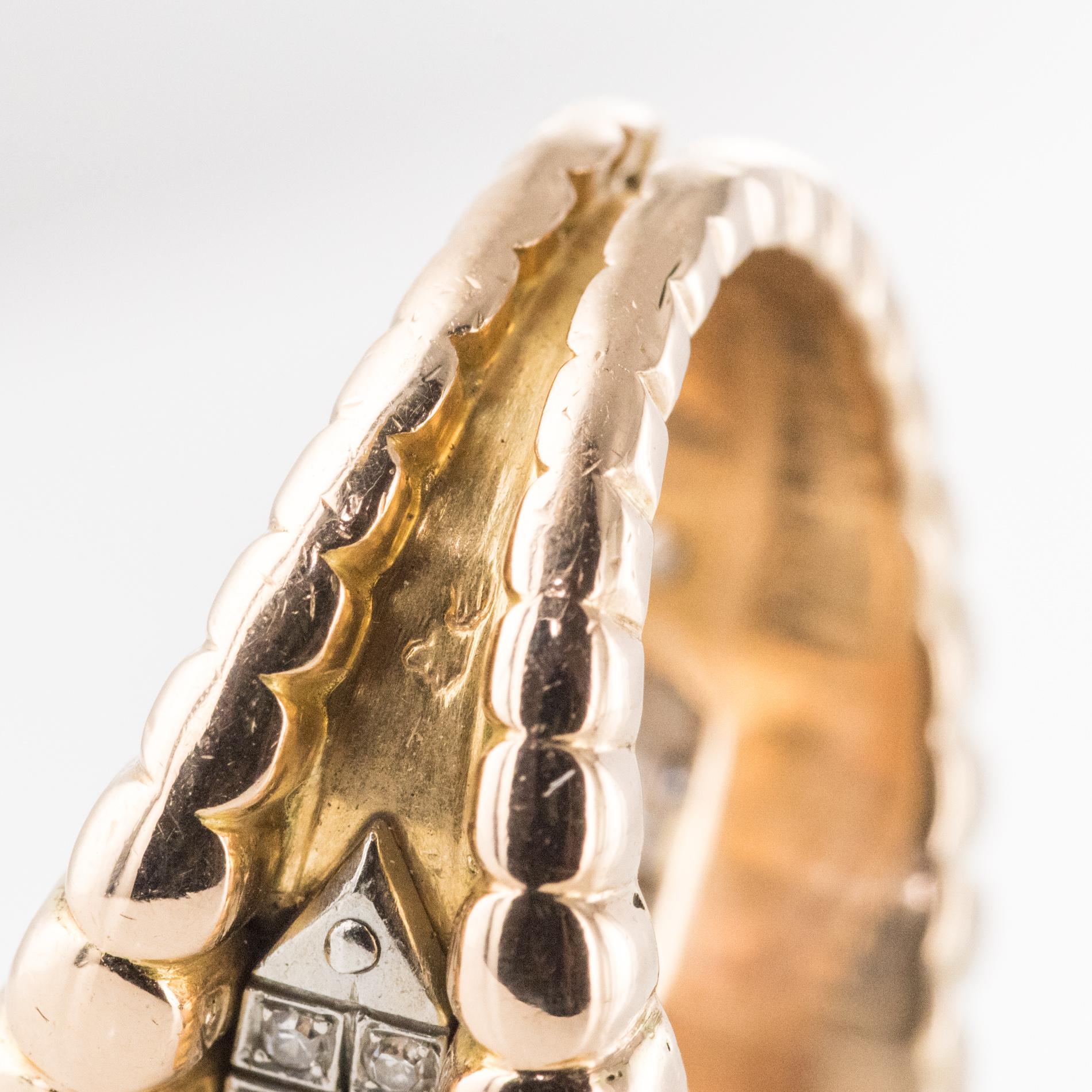 French 1940s Diamonds Band 18 Karat Yellow Gold Platinum Gadroons Ring 13
