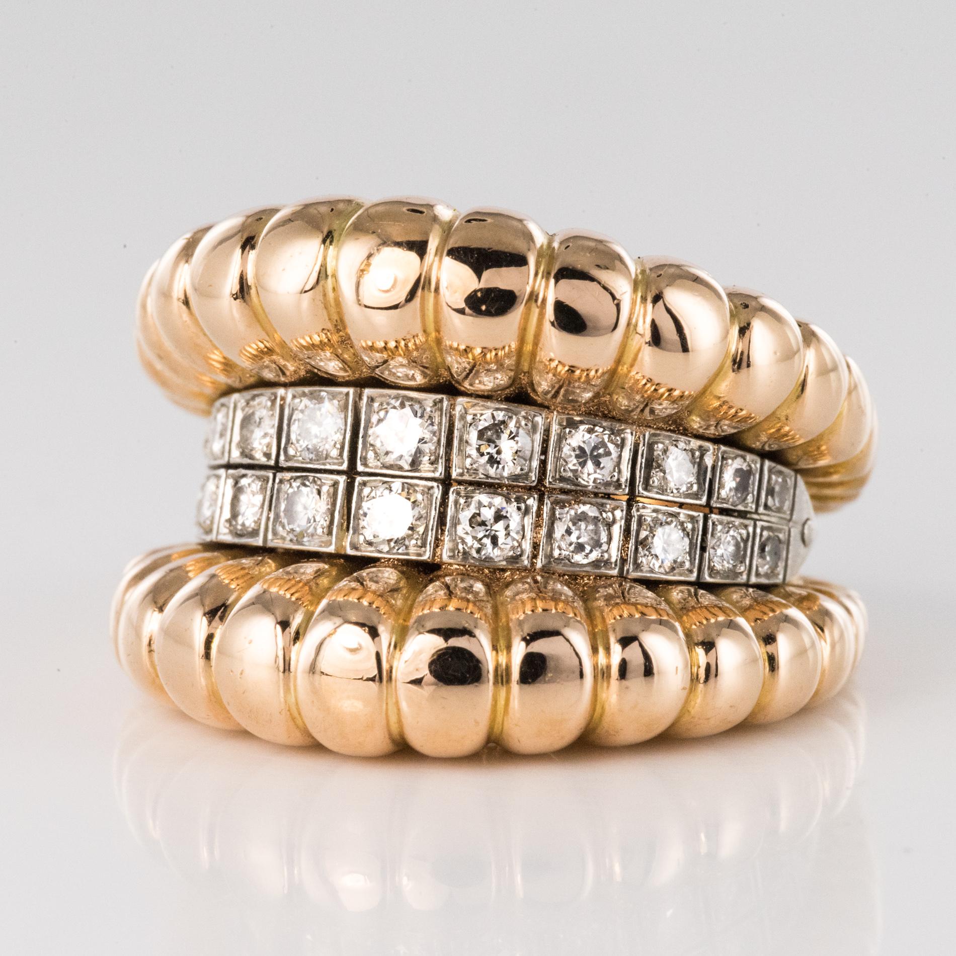Retro French 1940s Diamonds Band 18 Karat Yellow Gold Platinum Gadroons Ring