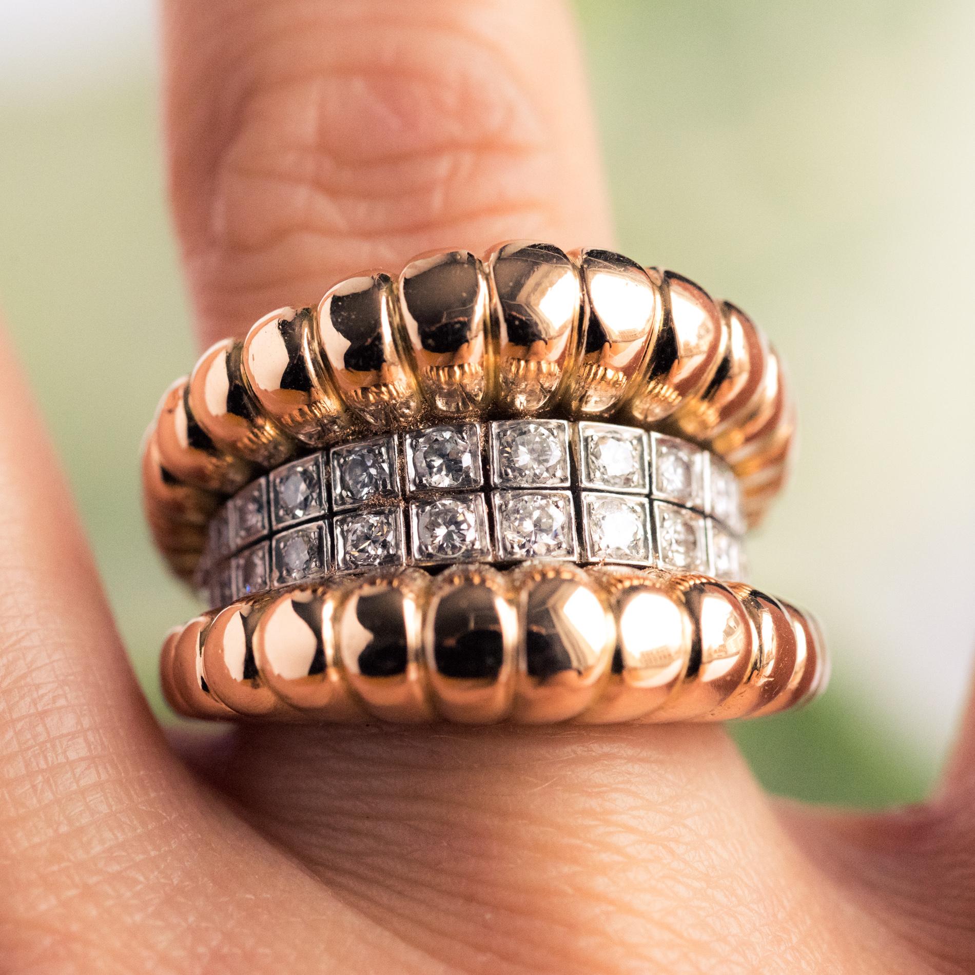 Round Cut French 1940s Diamonds Band 18 Karat Yellow Gold Platinum Gadroons Ring