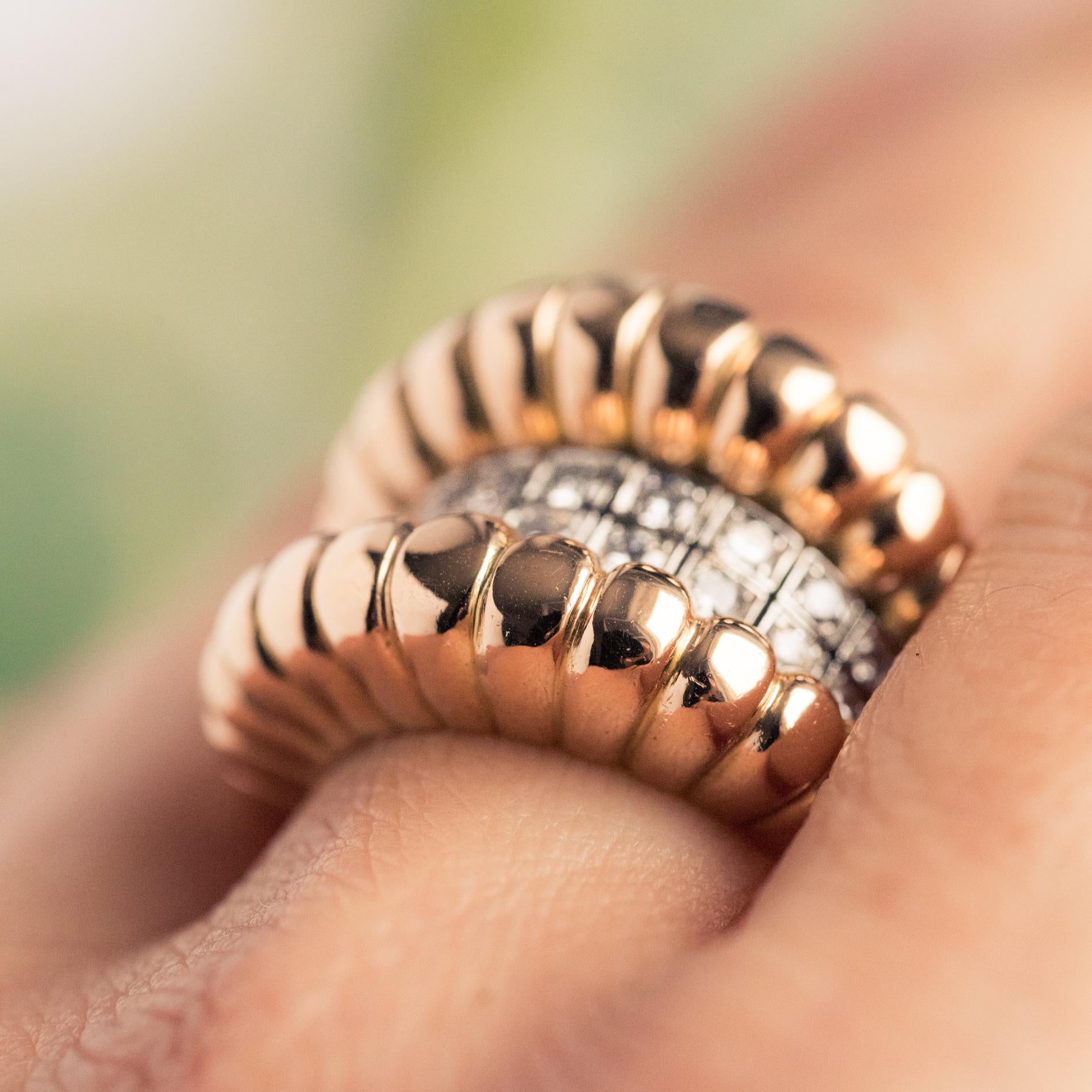 Women's French 1940s Diamonds Band 18 Karat Yellow Gold Platinum Gadroons Ring