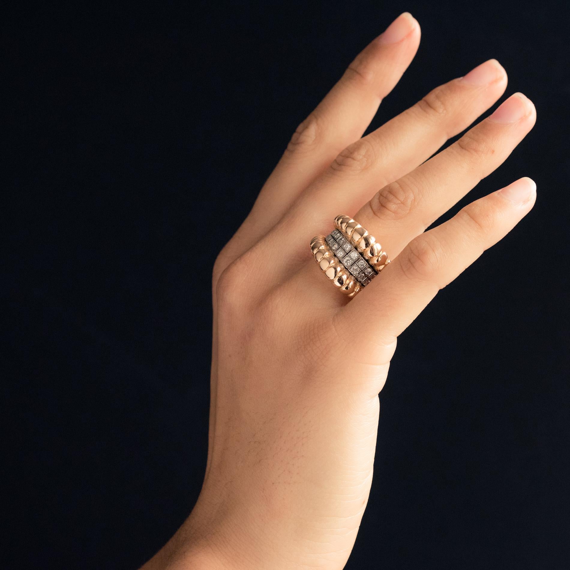 French 1940s Diamonds Band 18 Karat Yellow Gold Platinum Gadroons Ring 1