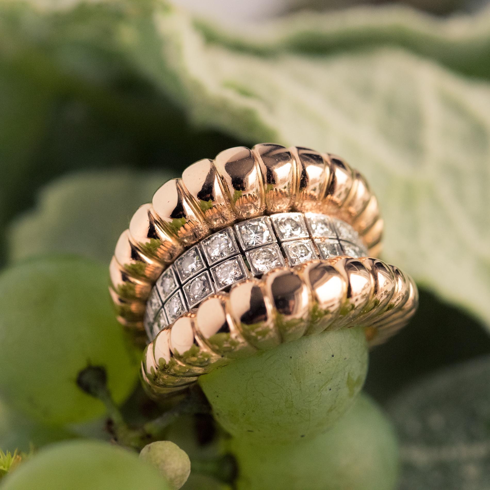French 1940s Diamonds Band 18 Karat Yellow Gold Platinum Gadroons Ring 2