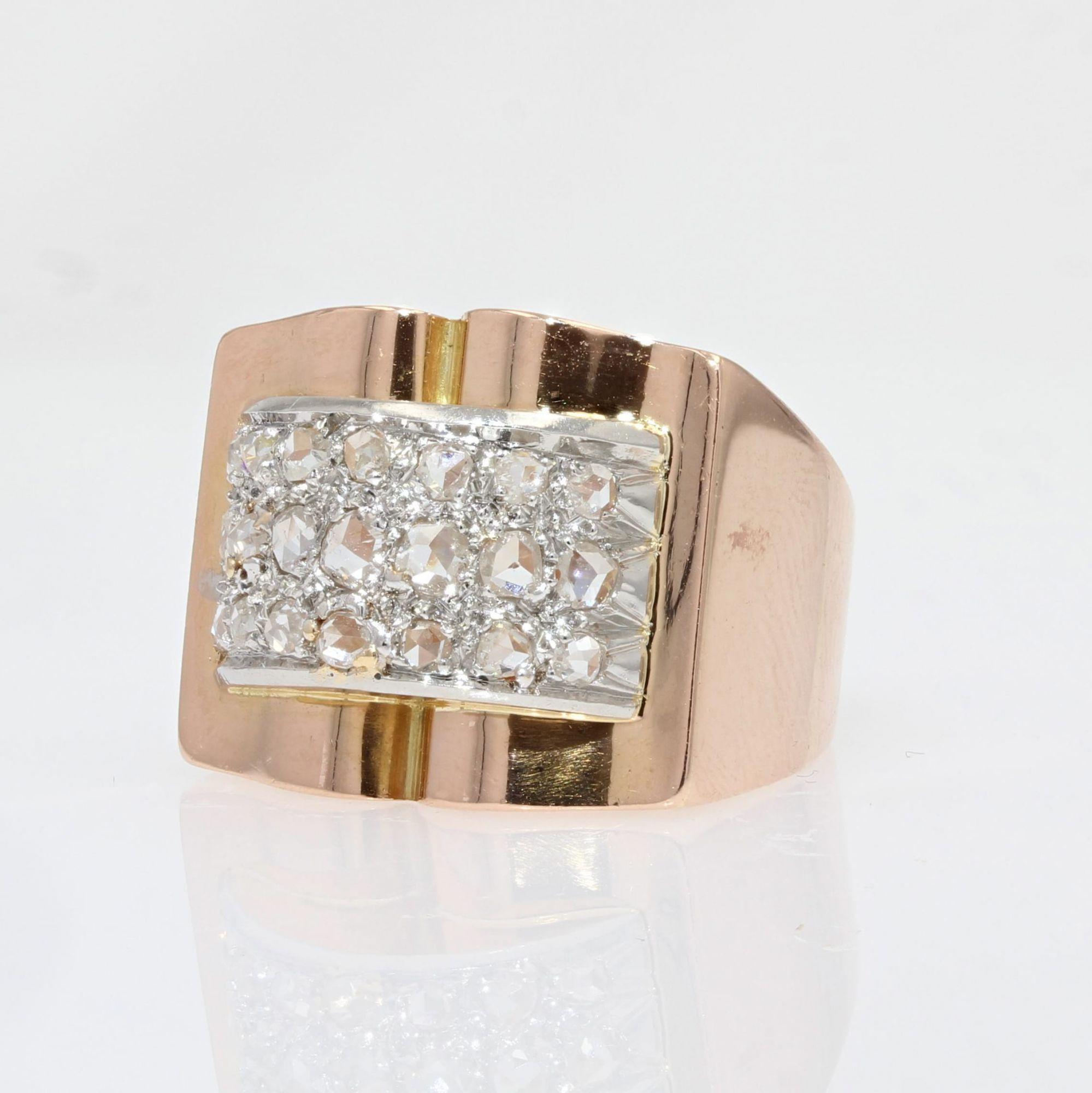 French 1940s Diamonds Pavement 18 Karat Rose Gold Tank Ring 8