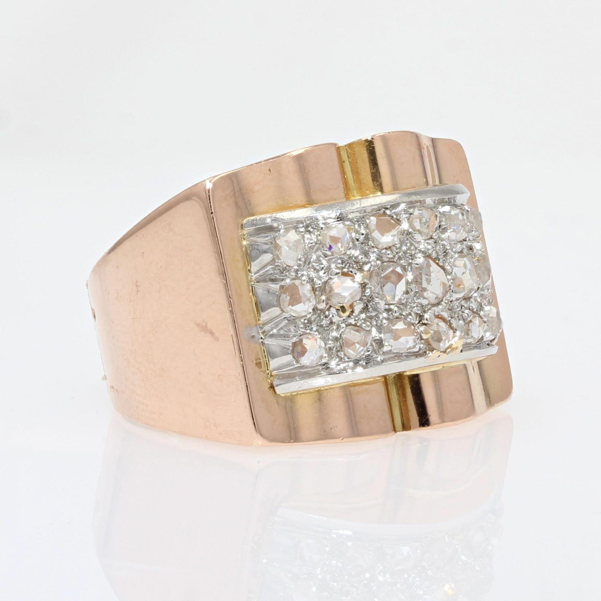 French 1940s Diamonds Pavement 18 Karat Rose Gold Tank Ring 10
