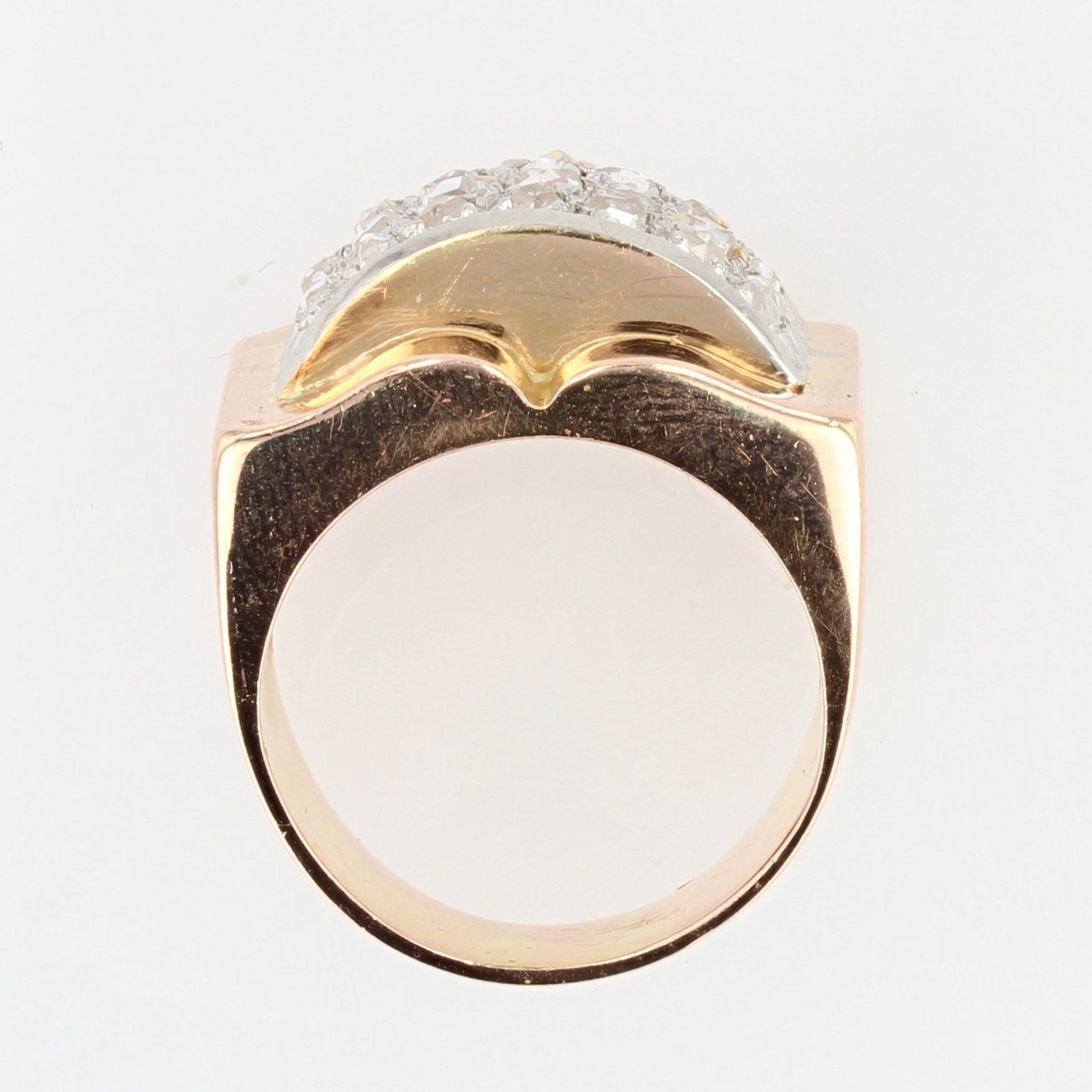 French 1940s Diamonds Pavement 18 Karat Rose Gold Tank Ring 12