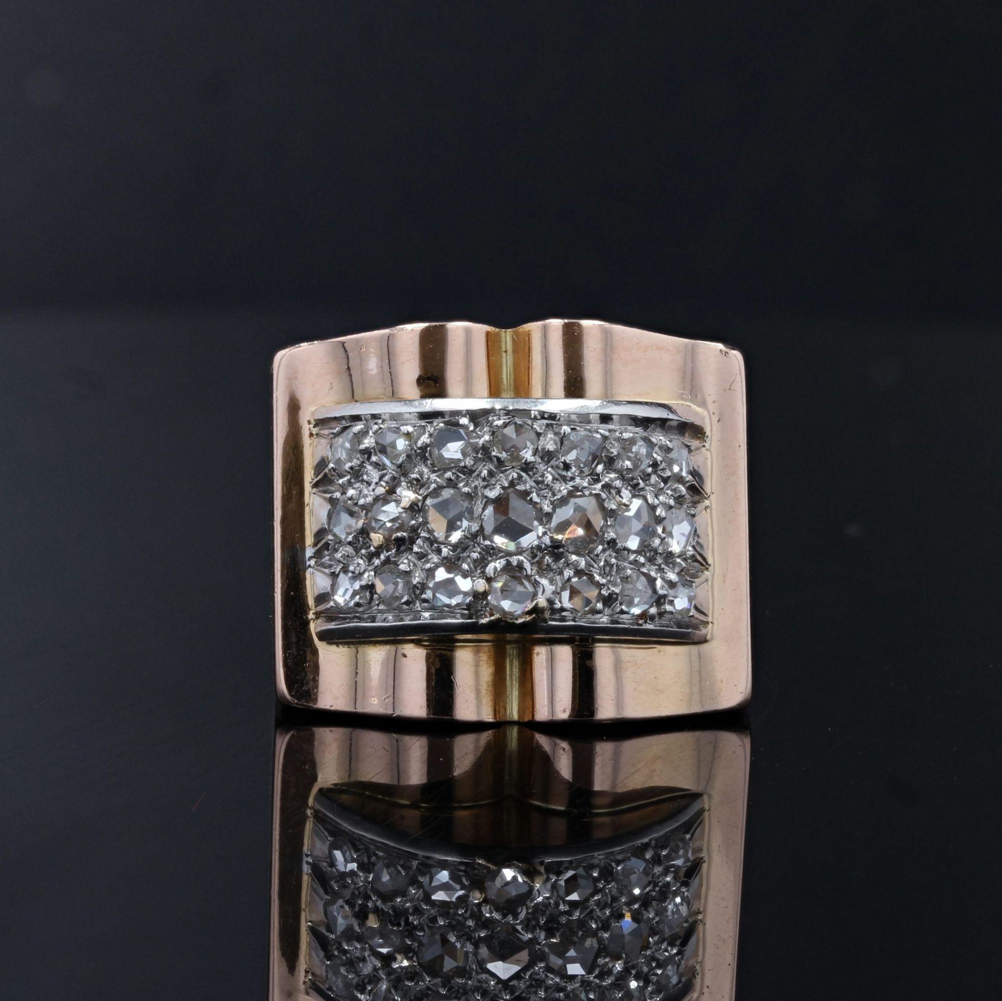 Retro French 1940s Diamonds Pavement 18 Karat Rose Gold Tank Ring