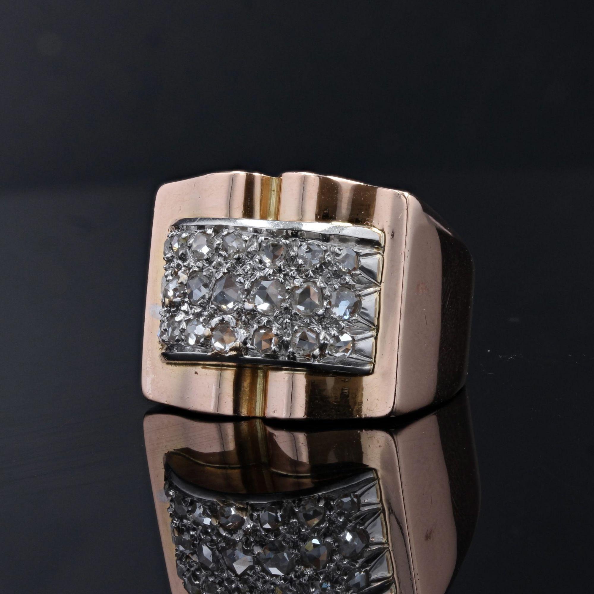 French 1940s Diamonds Pavement 18 Karat Rose Gold Tank Ring In Good Condition In Poitiers, FR