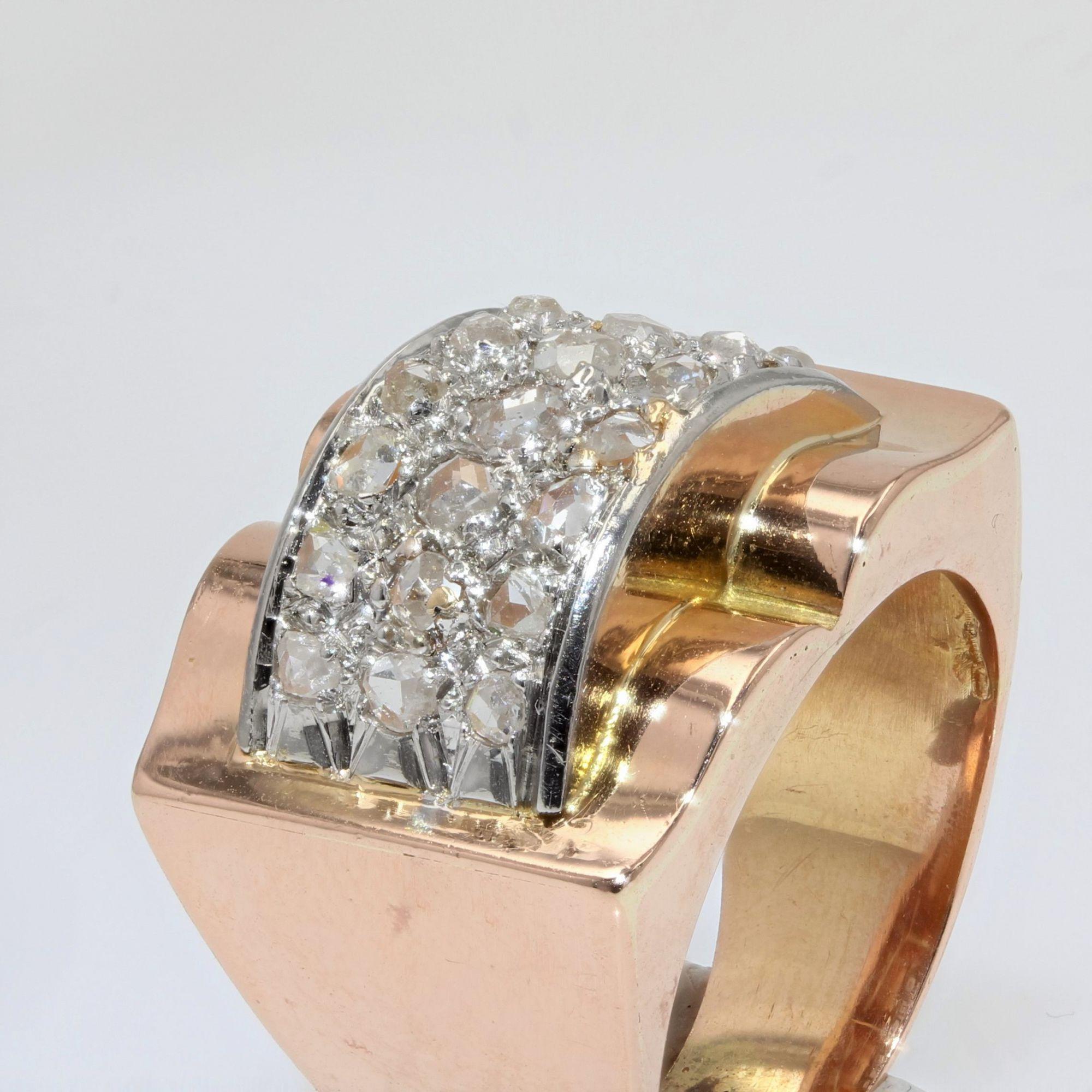 French 1940s Diamonds Pavement 18 Karat Rose Gold Tank Ring 1
