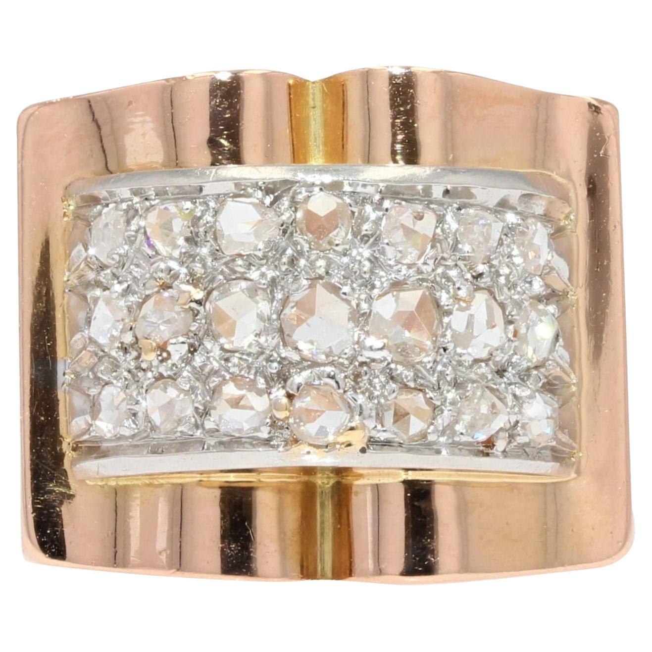French 1940s Diamonds Pavement 18 Karat Rose Gold Tank Ring