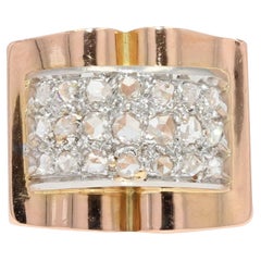 French 1940s Diamonds Pavement 18 Karat Rose Gold Tank Ring