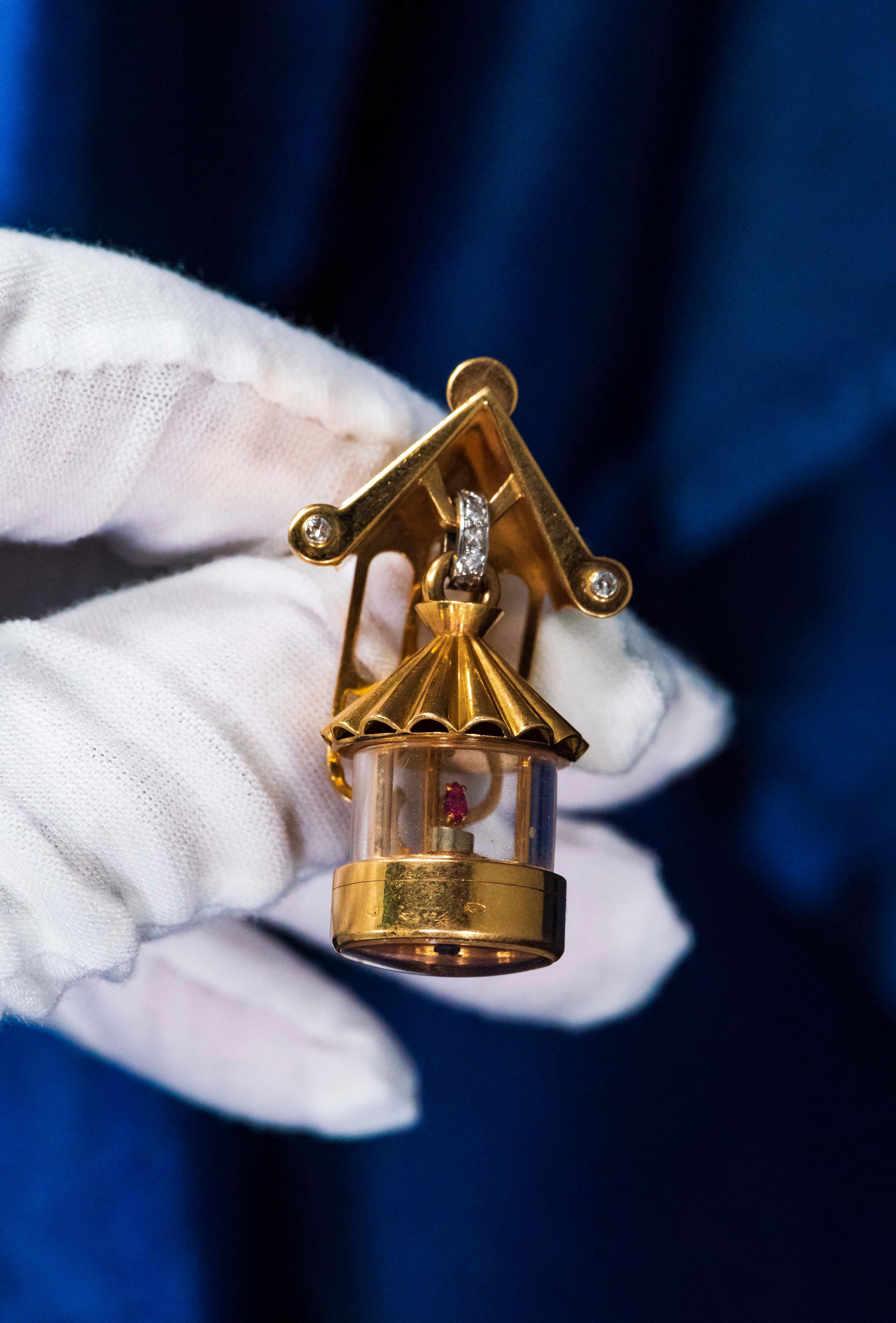Women's or Men's French 1940s Eliakim Cairos 18 Karat Ruby Diamond Lantern Form Pendant Watch For Sale