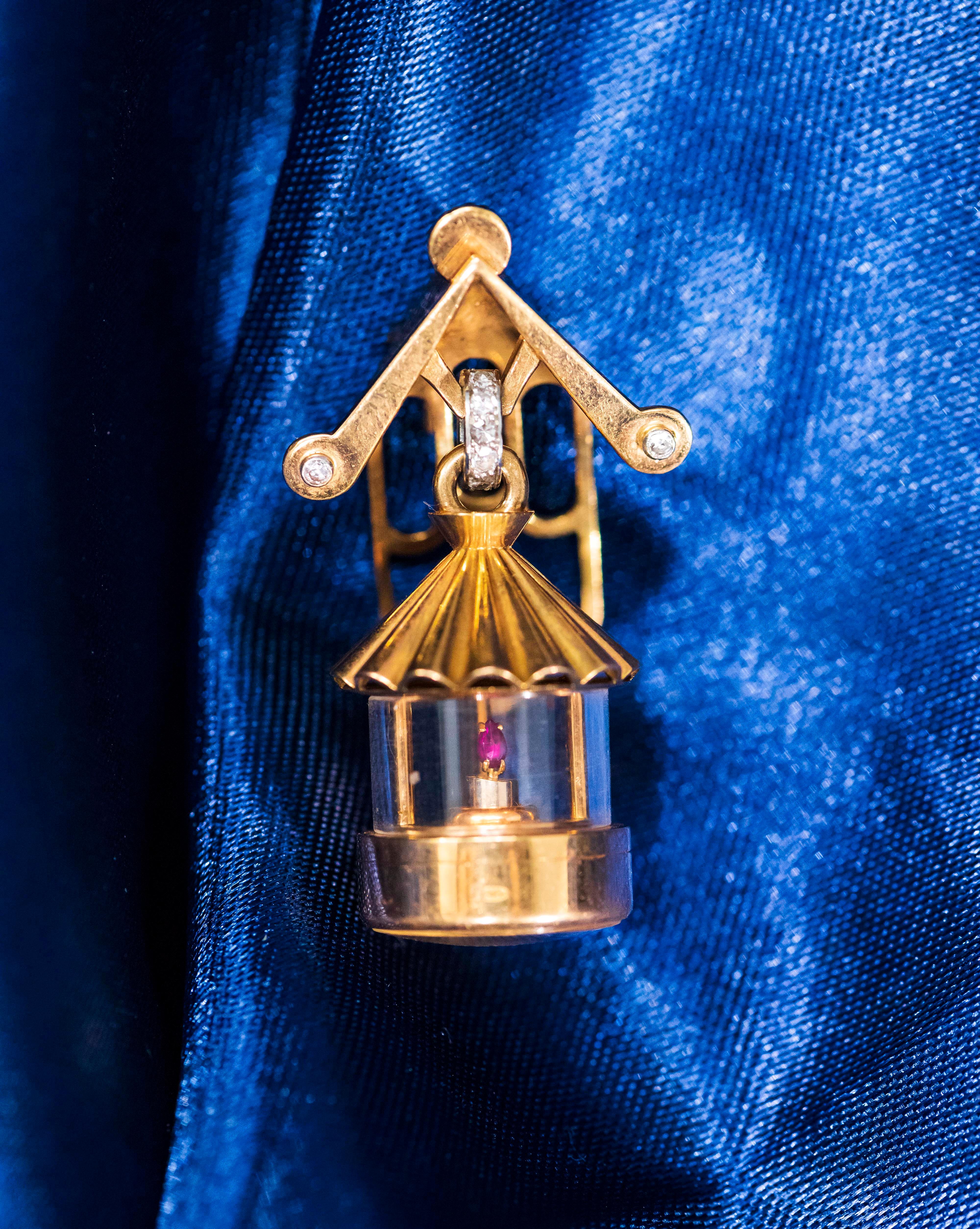 French 1940s Eliakim Cairos 18 Karat Ruby Diamond Lantern Form Pendant Watch For Sale 1