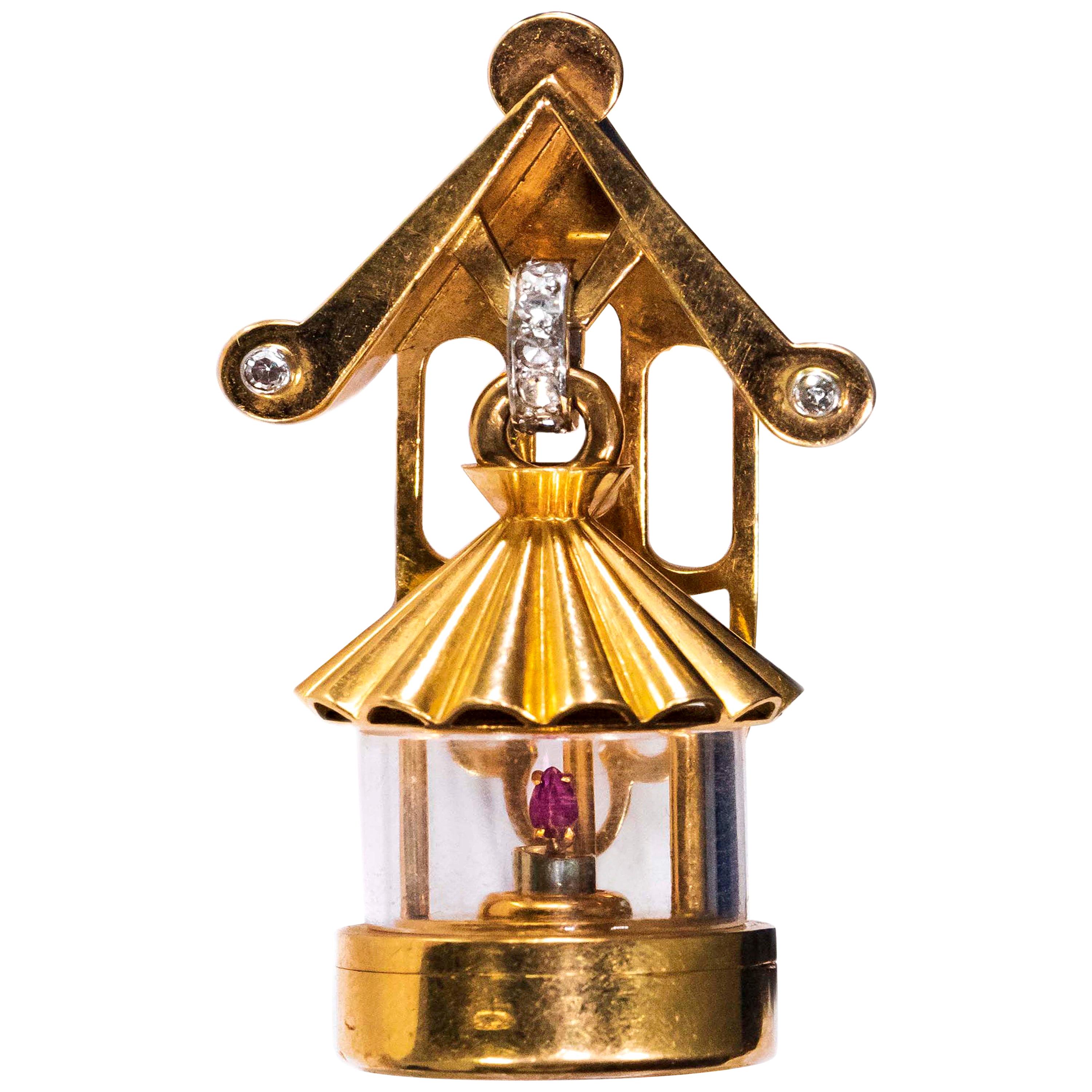 French 1940s Eliakim Cairos 18 Karat Ruby Diamond Lantern Form Pendant Watch For Sale