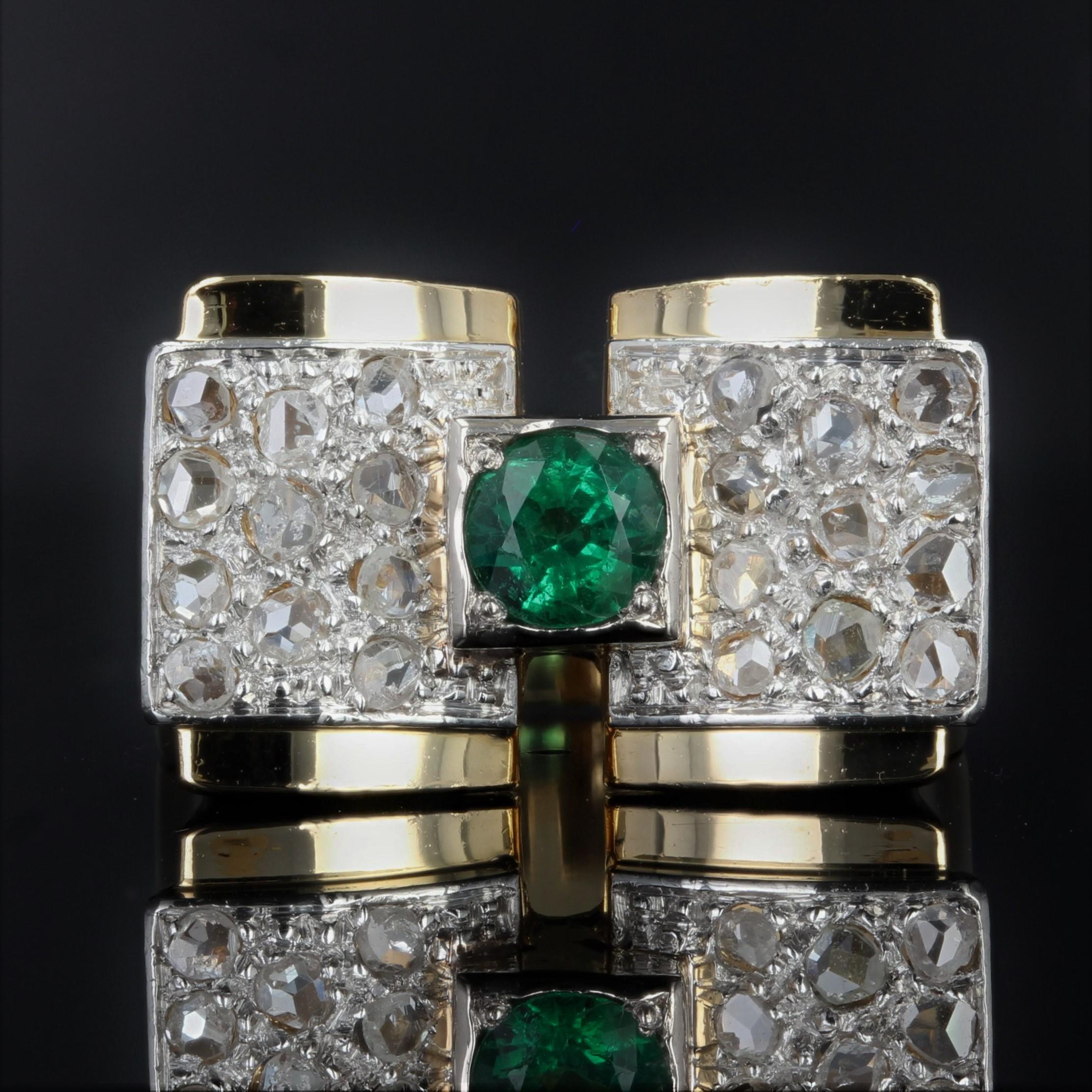 Retro French 1940s Emerald Diamonds 18 Karat Yellow Gold Tank Ring For Sale