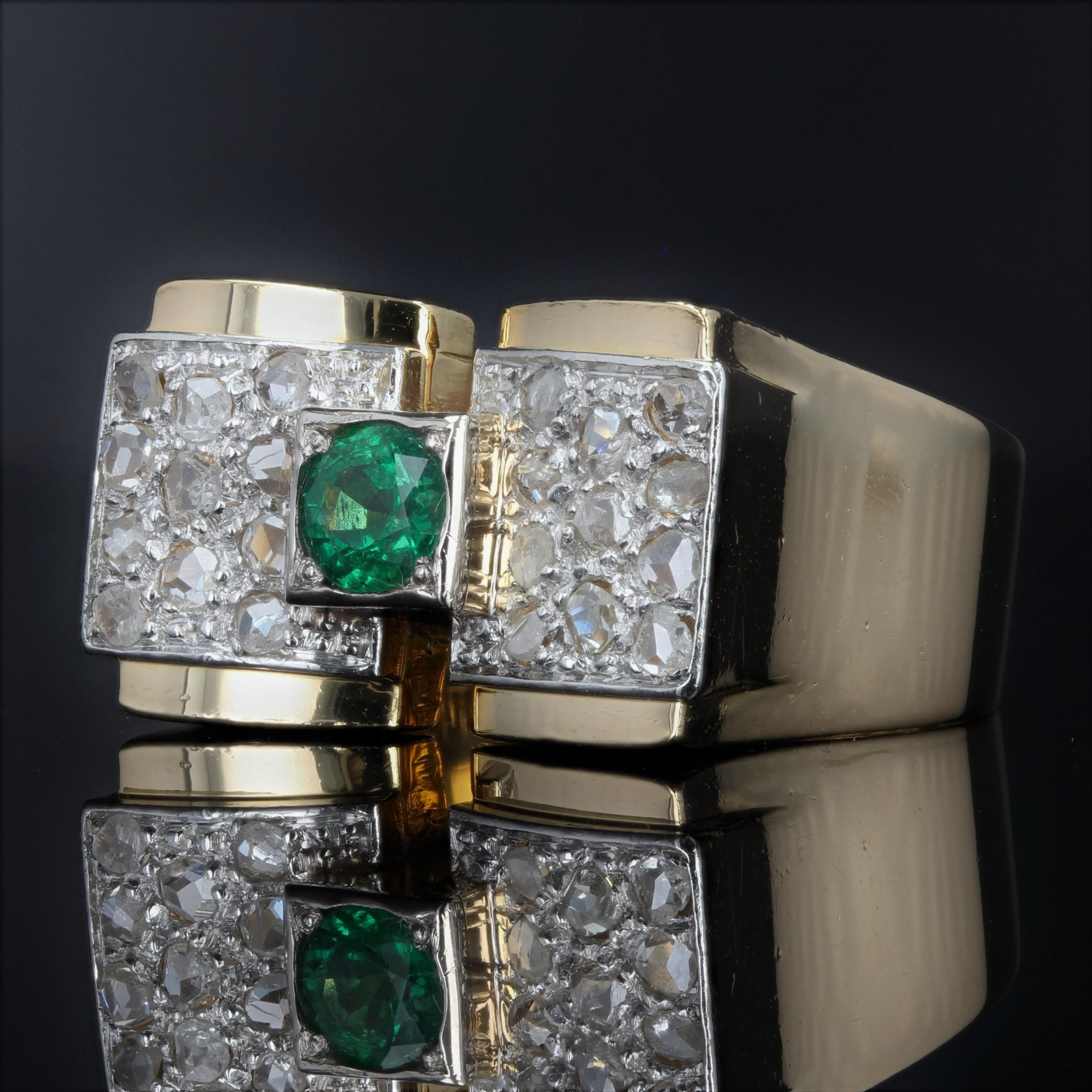 Round Cut French 1940s Emerald Diamonds 18 Karat Yellow Gold Tank Ring For Sale