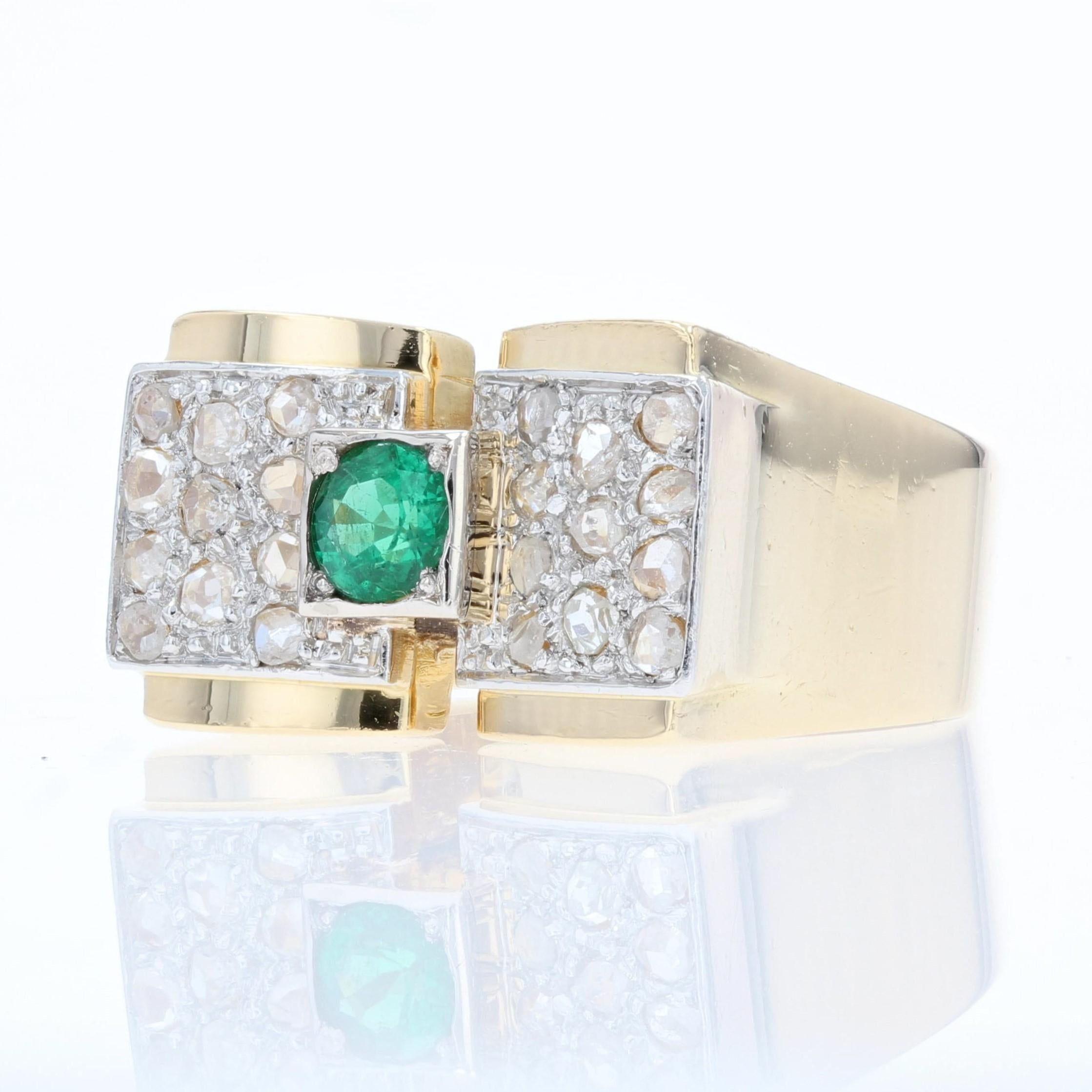 Women's French 1940s Emerald Diamonds 18 Karat Yellow Gold Tank Ring For Sale